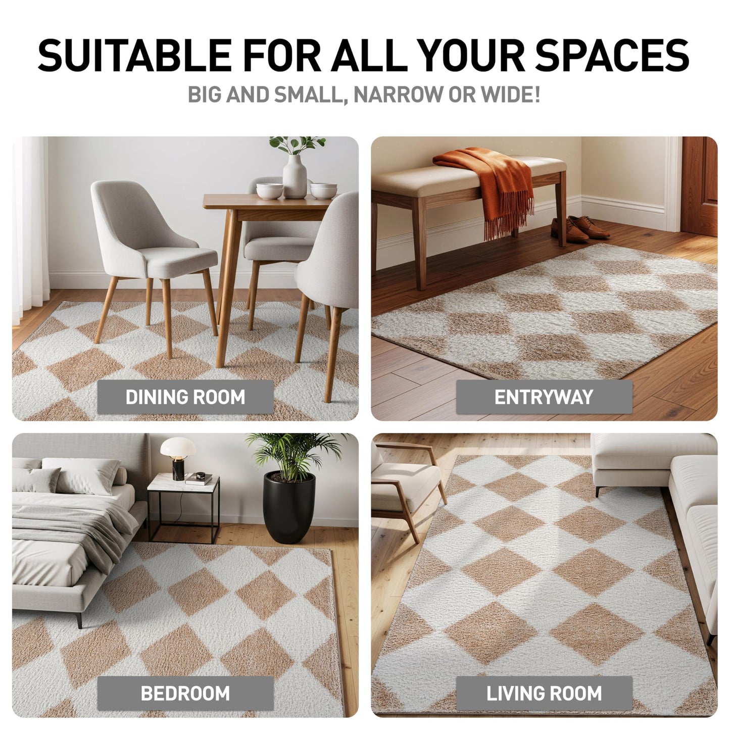 Rugshop Diamond Wave Shag Area Rug Beige 7' 10" x 10' Perfect for Large Living Rooms, Dining Areas, or Master Bedrooms