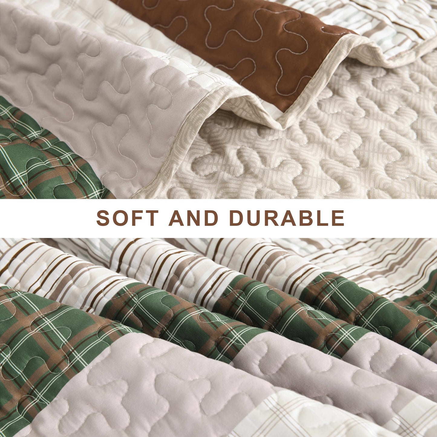 DJY Striped Quilt Set Queen Size, Boho Brown Green Striped Bedspread Coverlet Set Soft Microfiber Patchwork Quilt Bedding Set 3 Pieces for All Season(96"x90")