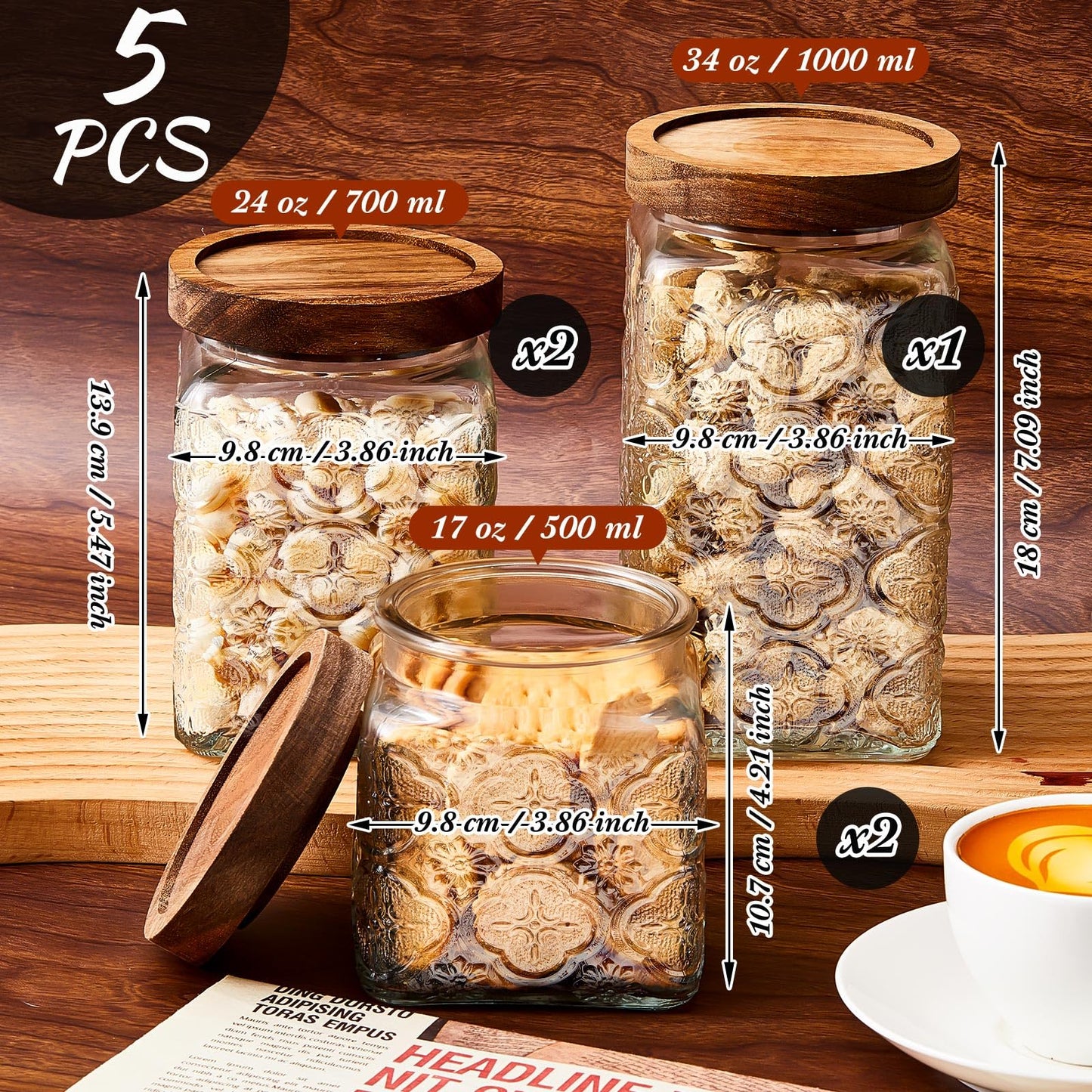 Gerrii 5 Pcs Vintage Glass Food Storage Containers 17/24/34 oz Glass Jar with Lid Airtight Candy Food Canisters for Kitchen Counter Pantry Coffee Beans(Clear,Begonia Square)