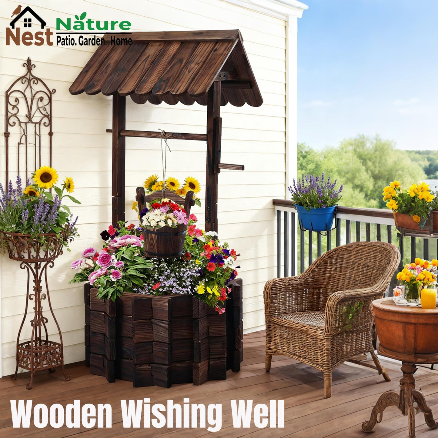 NestNature 21.75" Carbonized Wooden Wishing Well Planter for Outside, Rustic Outdoor Wishing Well with 4 Reinforced Rods & Hanging Bucket, Decorative Well Cover for Yard Garden Patio Lawn Backyard