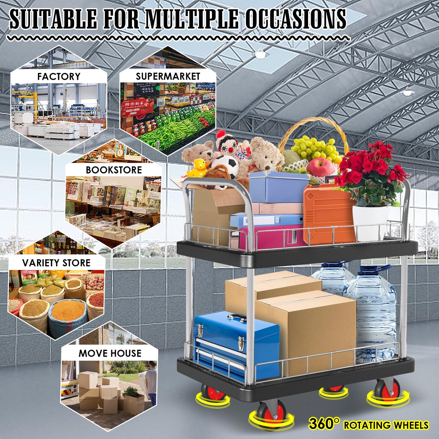 2 Shelf Utility Service Cart- 660lbs Capacity Heavy-Duty Plastic Rolling Utility Carts with 4 of 360° Swivel Wheels and Handle, Large Service Cart for Groceries,Warehouse,Garage 34.6''x 22.8''
