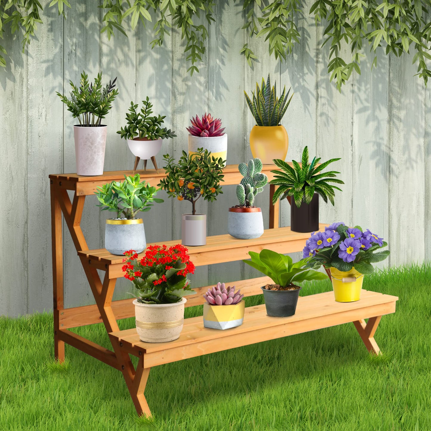 3 Tier Wood Plant Stand Indoor Outdoor, Ladder Large Multi Tiered Plant Holder, Wooden, Display Storage Shelf, 35.43"×23.62"×23.62", 3 Layered Step Plant Rack, Stair Plant Stand