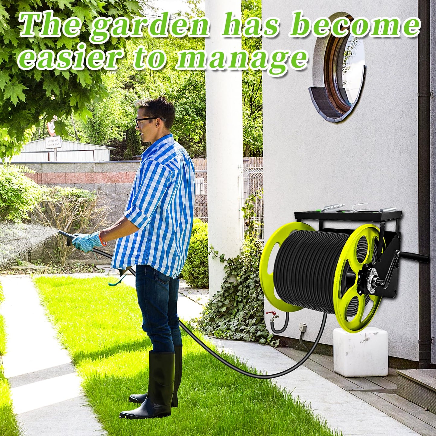 Stainless Steel Garden Hose Reel for 5/8" Hose Reel with Crank Handle Retractable ，Wall Mount Metal Hose Reel 3/4 in Brass Fitting ， Holds up to 120-FtHose with Storage Rack (Hose not included）