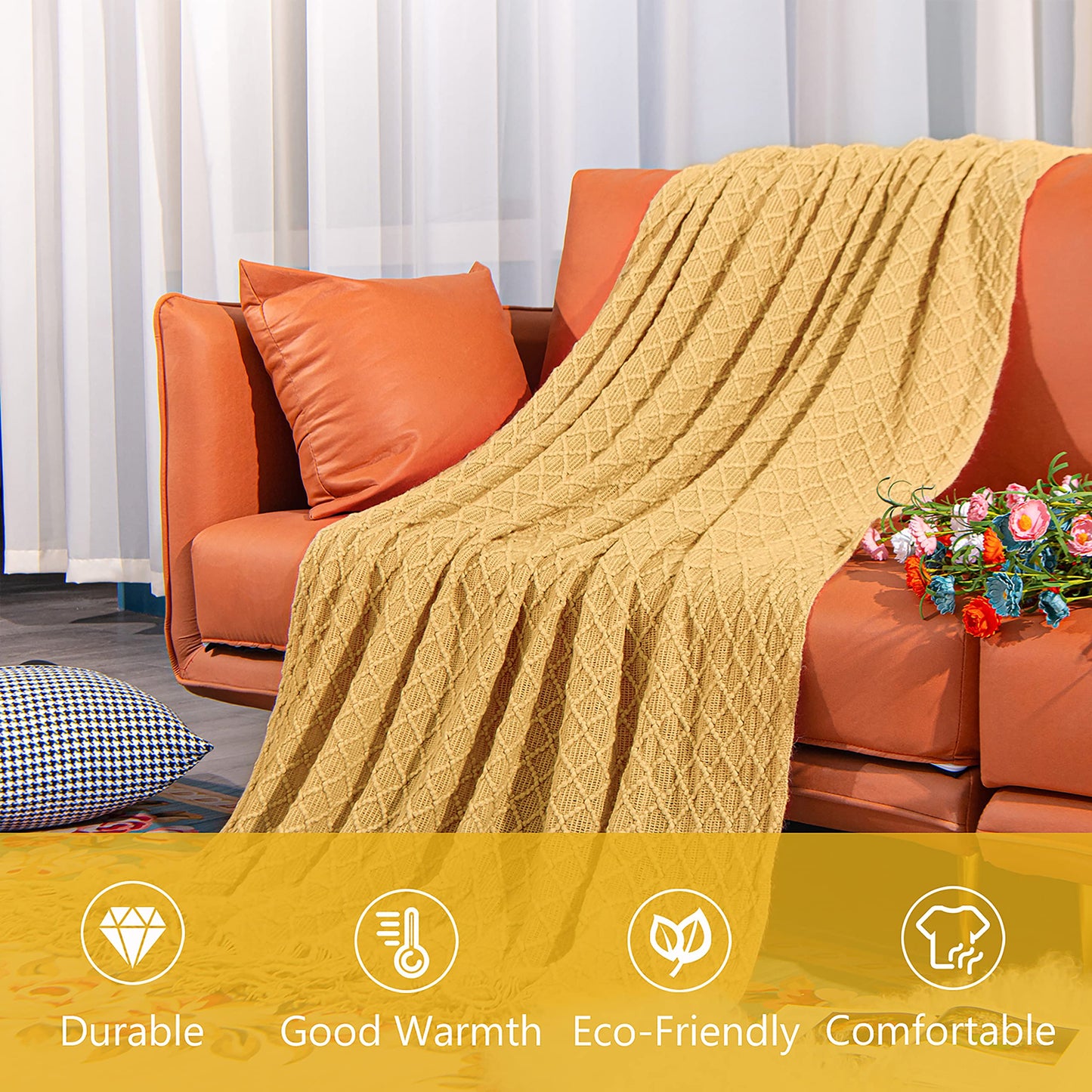 NTBAY Acrylic Knitted Throw Blanket, Lightweight and Soft Cozy Decorative Woven Blanket with Tassels for Travel, Couch, Bed, Sofa, 51x67 Inches, Mustard Yellow Checkered