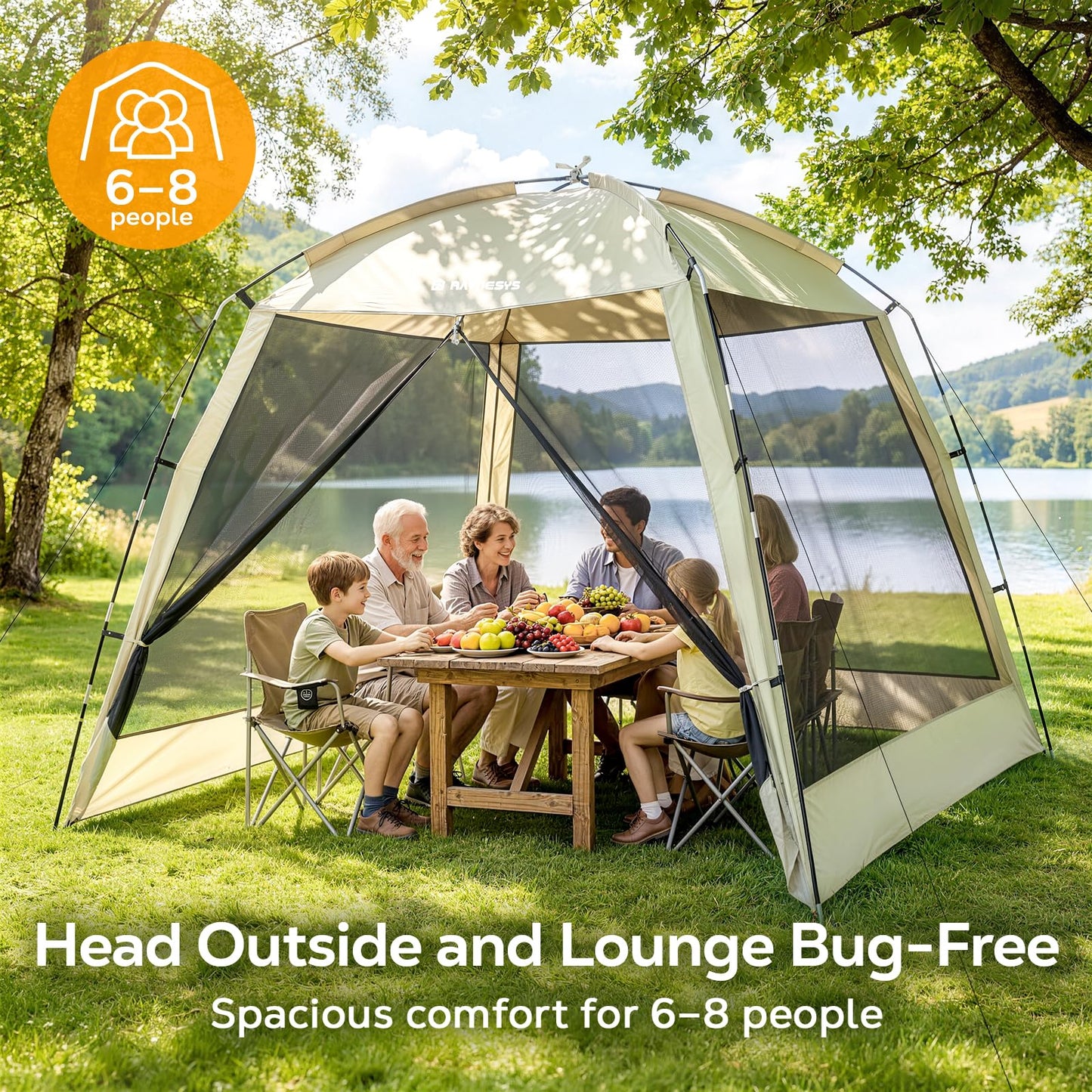 8 × 8ft Camping Screen Tent for 6-8 People, Easy Setup House Tent with 8 Ground Stakes & 4 Windproof Ropes, Portable Screened Canopy with Mosquito Net for Outdoor, Patios, Backyard, Beige