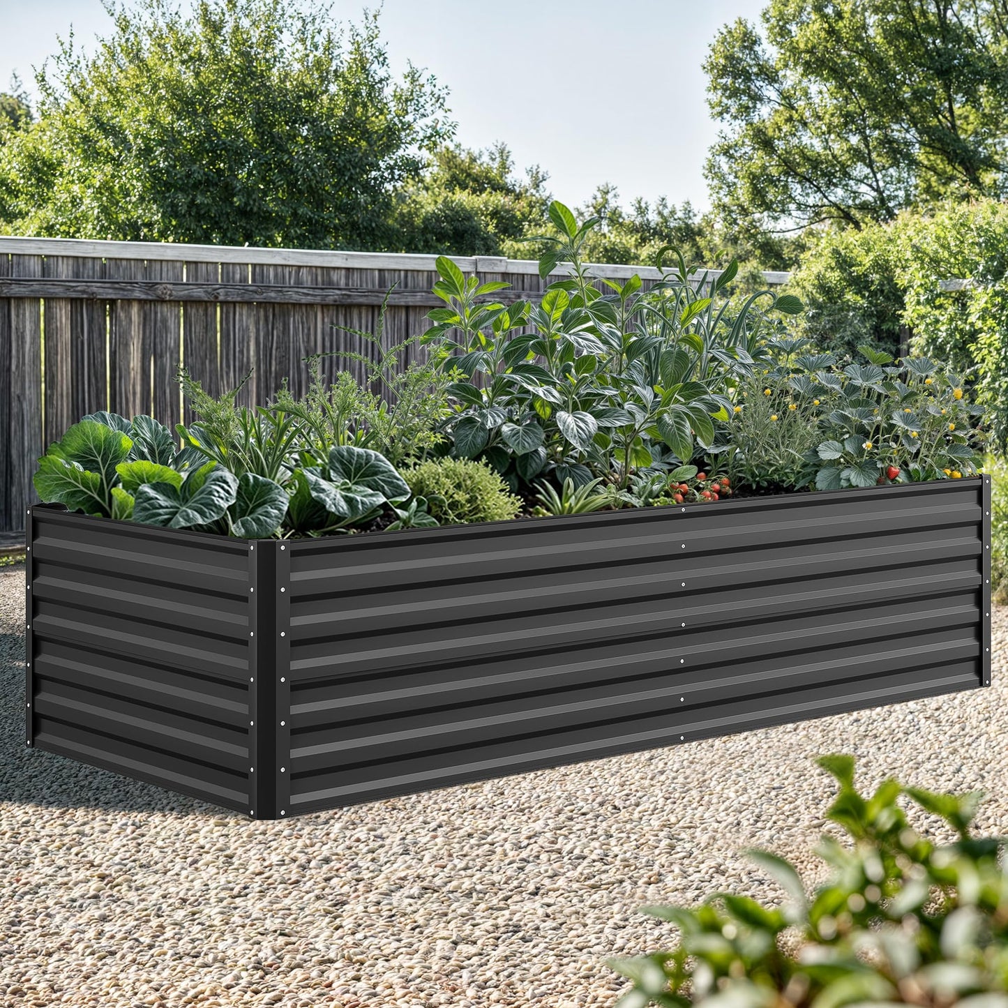 YITAHOME 8x4x2 ft 4pcs Galvanized Raised Garden Bed Kit, Large Metal Planter Box with Gloves, Safety Rubber & Support Rod, Outdoor Flower Bed for Plants Vegetables, Black