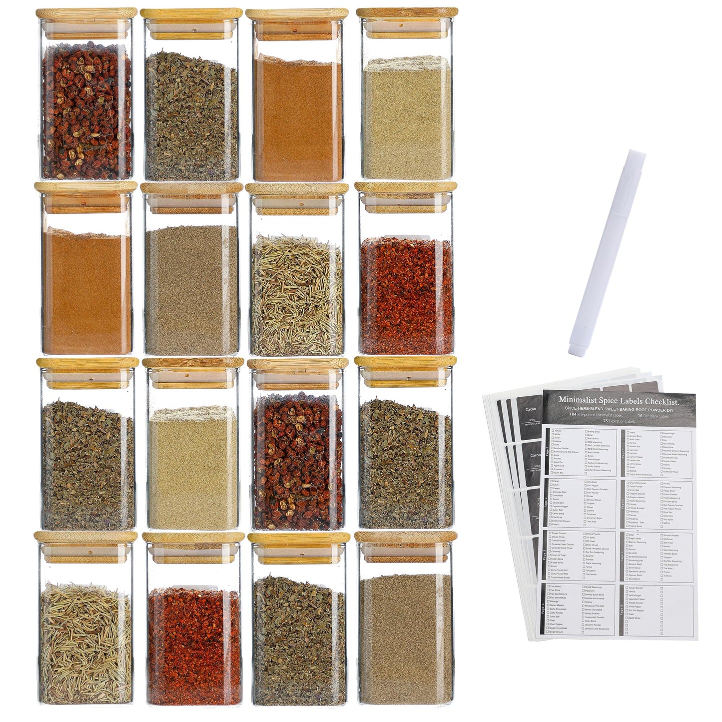 Homtop 16Pcs 9oz Spice Jars Glass Container with 275 Labels, Airtight Seasoning Empty Organizer with Bamboo Lid Set for Pepper, Salt, Sugar