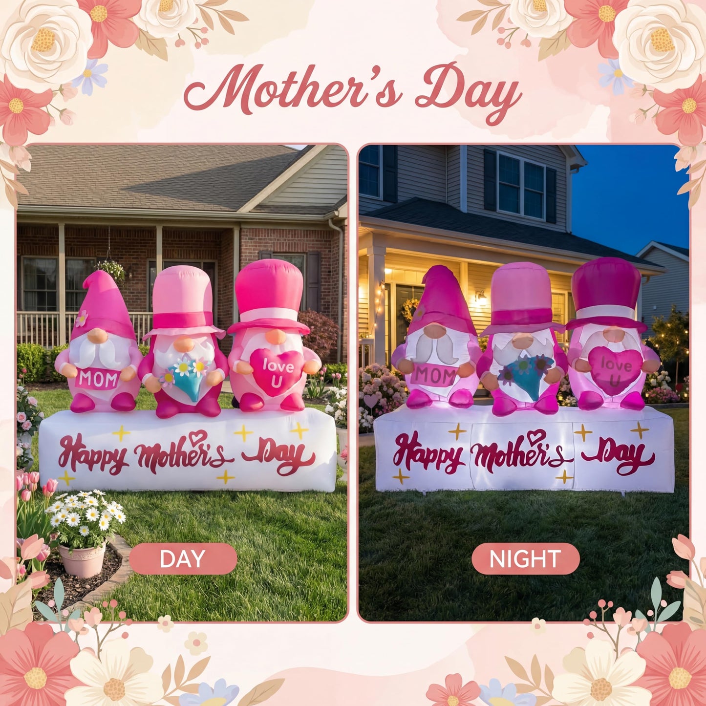 bbioc 7FT Long Inflatable Happy Mother's Day Decorations, Father's Day Inflatable Double Side Decorations, Three Gnomes Built-in LED Lighted Blow Up Decoration Home Yard Outdoor Indoor Decor