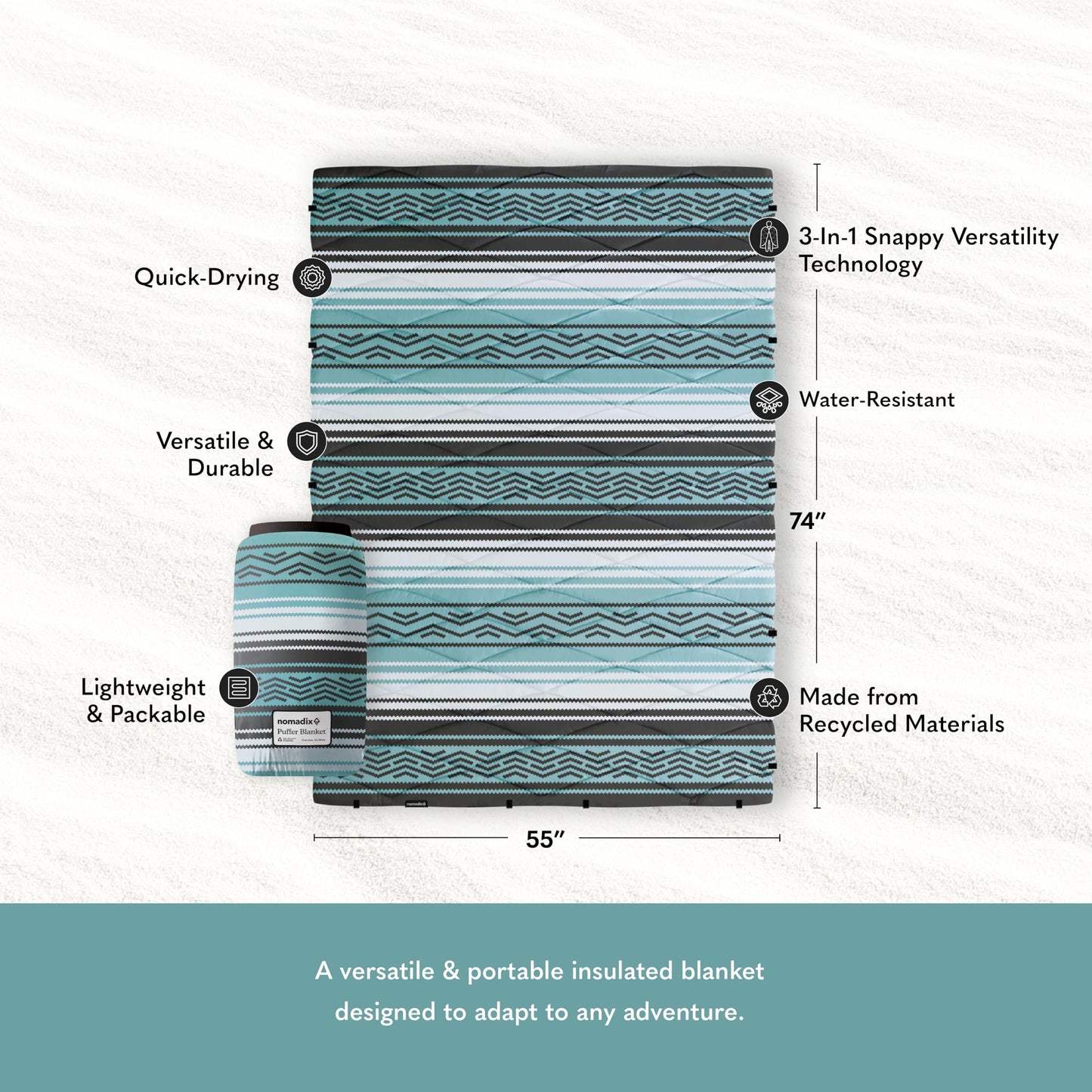 Nomadix Puffer Blanket – Water-Resistant, Eco-Friendly Insulated Blanket with Snaps for Camping, Beach, and Travel, Made from Recycled Materials