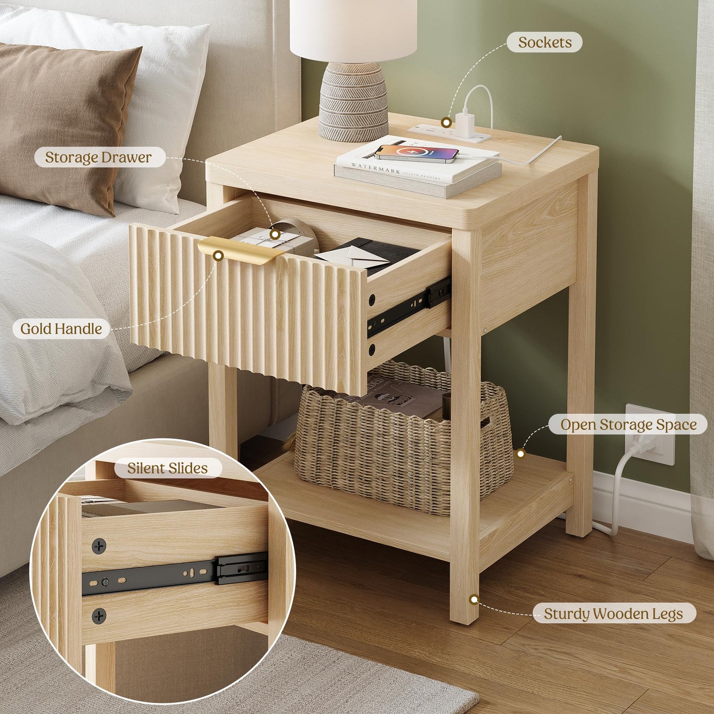 Lulive Night Stand Set 2, Fluted Nightstand with Charging Station, Wood Modern Bedside End Table with Storage Drawer for Bedroom, Save Space (Set of 2, Natural Oak)