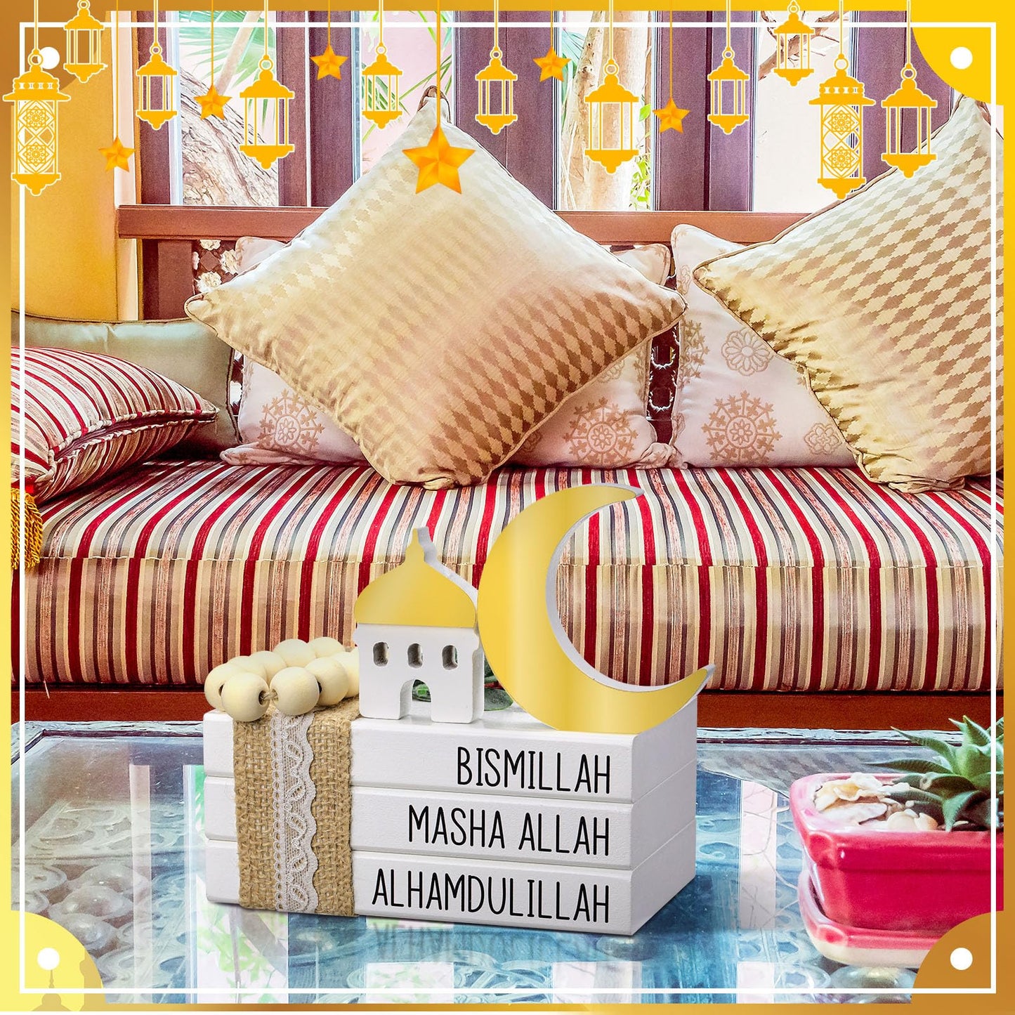 Blulu Islamic Wooden Tiered Tray Decor White Book Stack Golden Moon and Beads Start with Bismillah End with Alhamdulillah for Farmhouse Eid Muslim Ramadan Home Tabletop Art Decor(Bismillah)