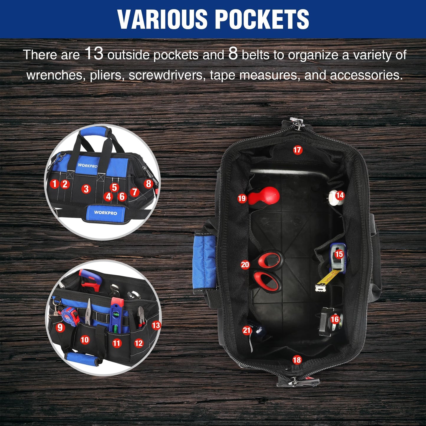 WORKPRO 16-inch Wide Mouth Tool Bag with Water Proof Molded Base