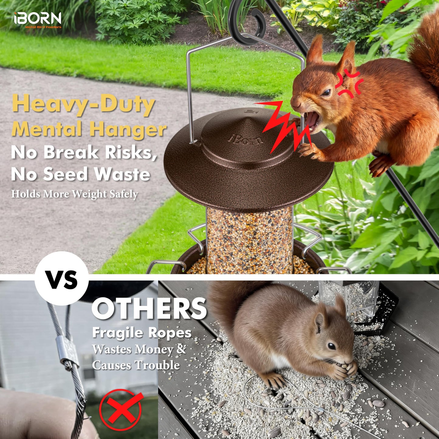 iBorn Bird Feeder Metal Squirrel Chew Proof Bird Feeders for Outdoors Hanging Outside for Cardinal, Holds 1.5LB Seed with 3 Perchs, Brushed Coffee (Seed is not Included)