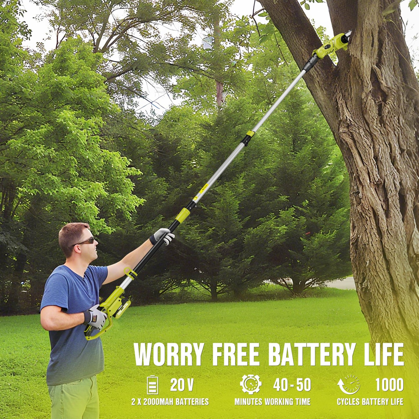 EWORK Electric Pole Saws for Tree Trimming 20V 8-Inch Cordless Pole Chainsaw, Extension to 14.8-Ft, 4-Angle Adjustable Head, Tool-Free Tensioning with 2x2.0Ah Battery & Fast Charger