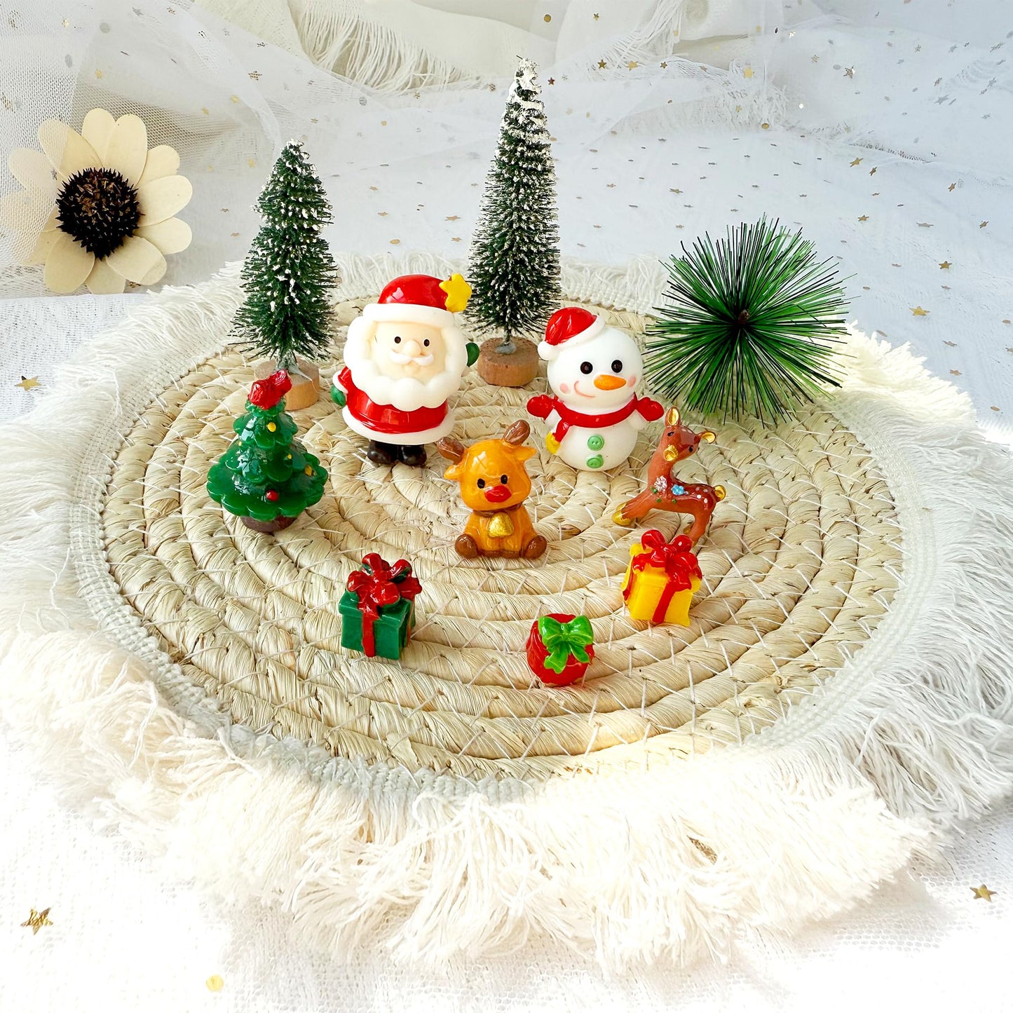 48PCS Christmas Miniature Figurines Mini Resin Christmas Ornaments Kit with Snowman Santa Claus Trees Wooden Display Stand Pine Needles Trees Cones Theme for DIY Xmas Decor Fairy Garden