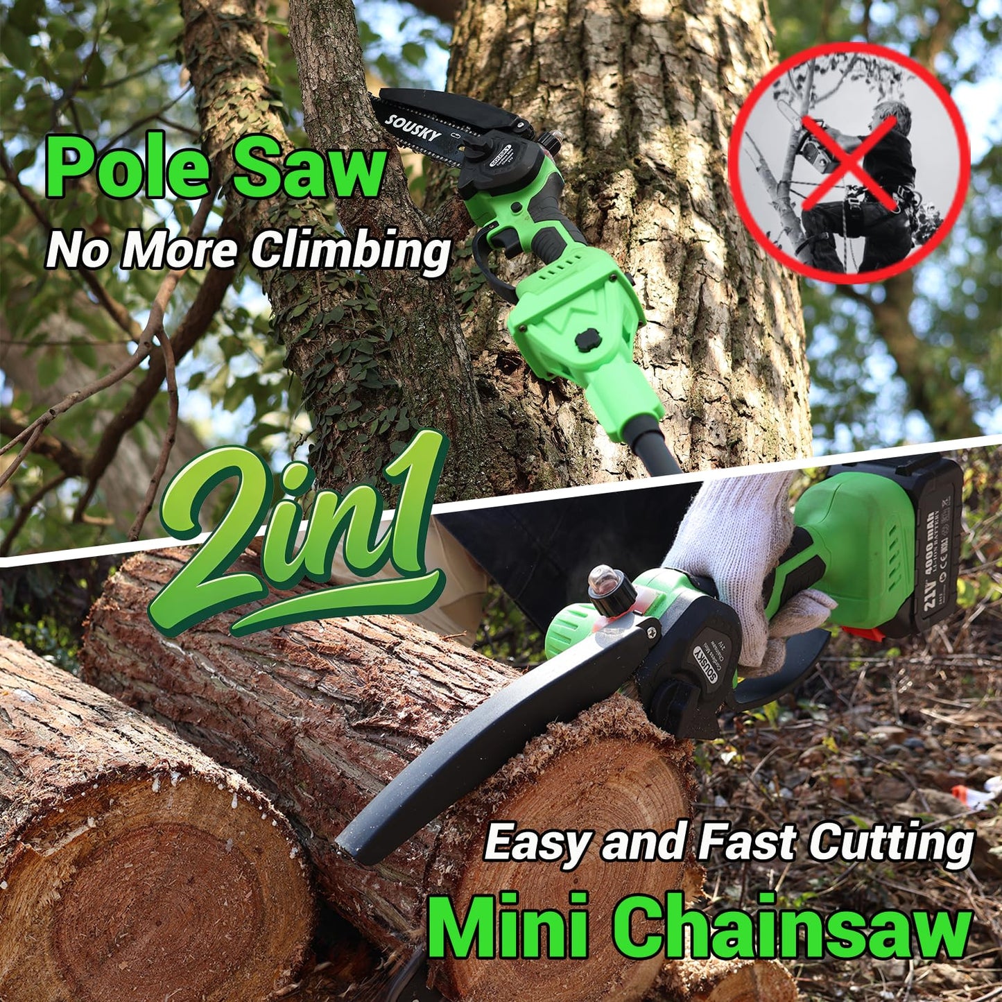 2-in-1 Cordless Pole Saw & Mini Chainsaw, 8 Inch Brushless Battery Chainsaw with 2×4000mAh Batteries, Telescoping Extension Pole, Adjustable Angle Head, Tree Saw for Tree Pruning/Wood Cutting