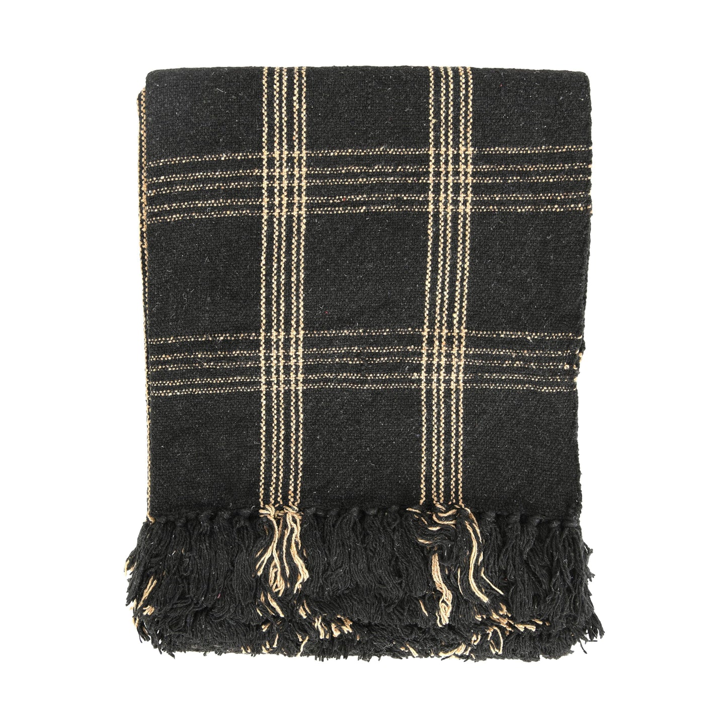 Plaid Black & Tan Fringed Woven Cotton Blend Throw