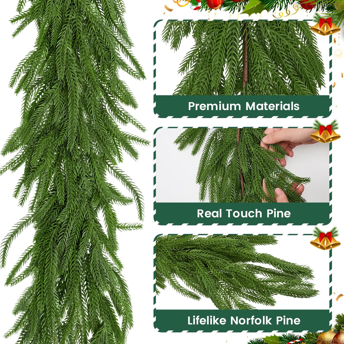 1Pcs 9FT Christmas Norfolk Pine Garland,Realistic Cedar Garland Artificial Pine Cypress Vines,Greenery Garlands for Holiday Xmas Indoor Mantle Decor
