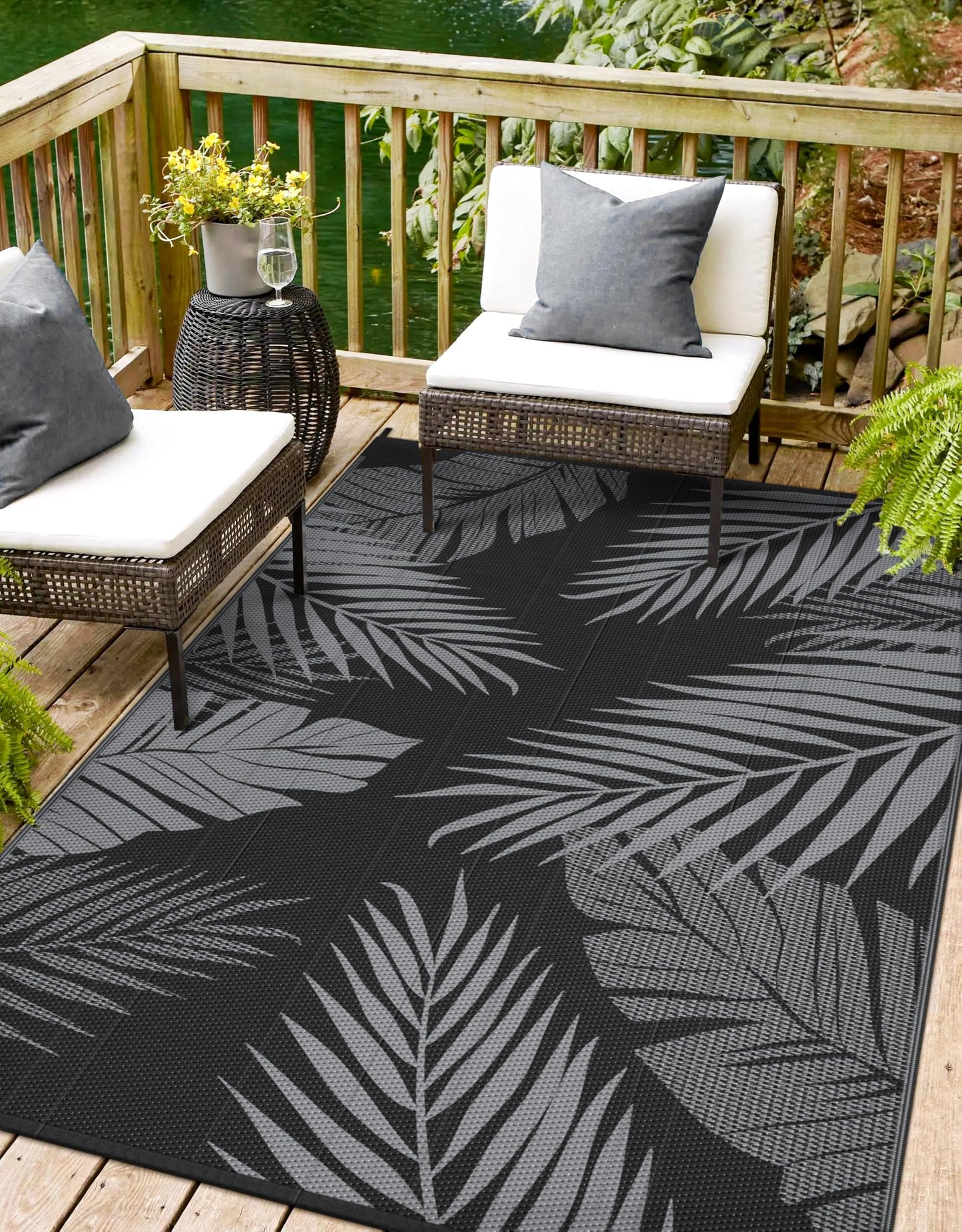 sarben Outdoor Rug 8’x10’ Waterproof for Patio Clearance, Reversible Indoor Outdoor Plastic Straw Camping Rug Carpet, RV Mat, Large Area Rug for Deck, Backyard, Balcony, Porch, Beach, Black & Grey
