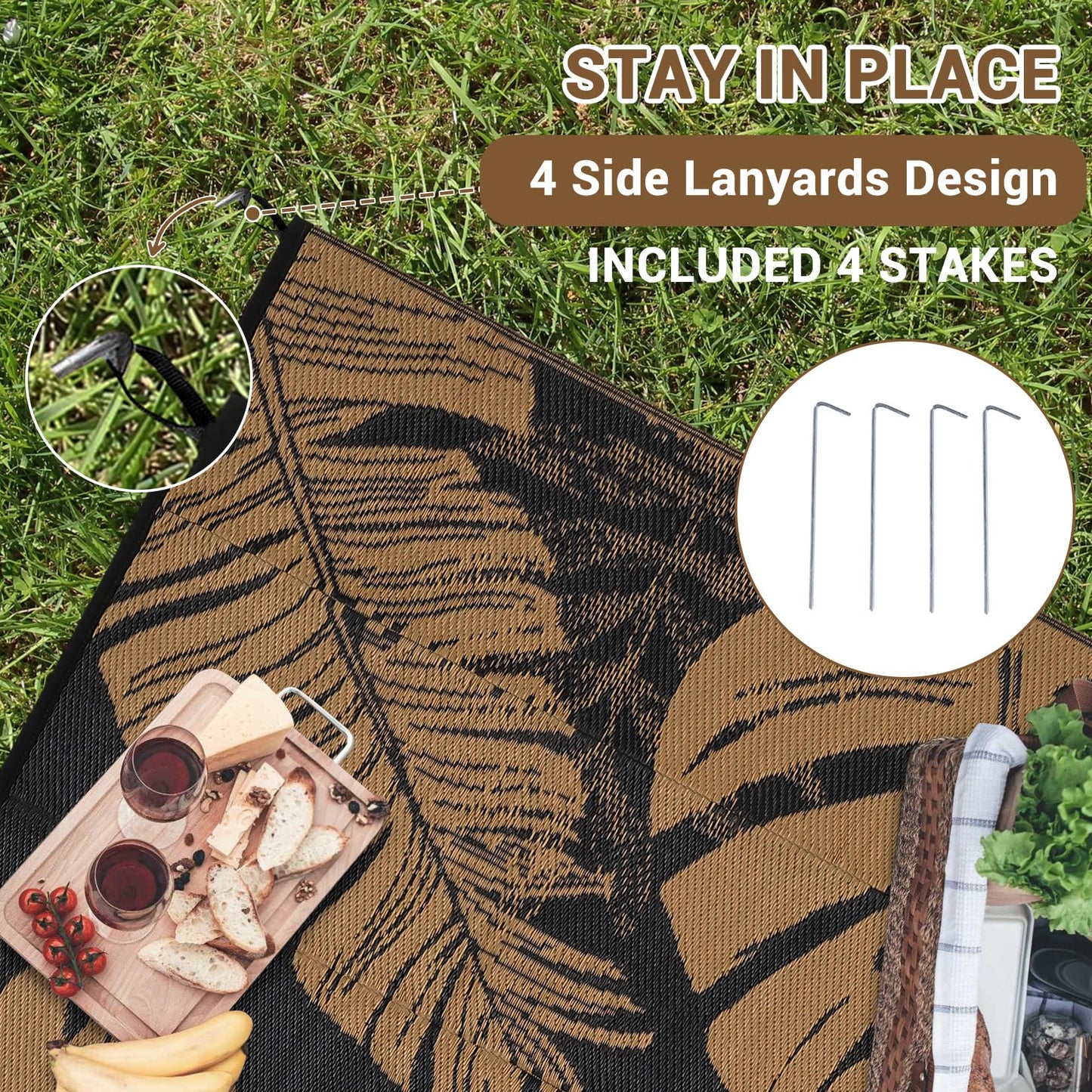 GAOMON Outdoor Rugs 8x10 Waterproof Reversible Plastic Straw Rug Modern Patio Rug, Foldable Lightweight RV Camping Mat with Portable Bag & 4 Stakes, UV Resistant & Sturdy for Picnic, Brown
