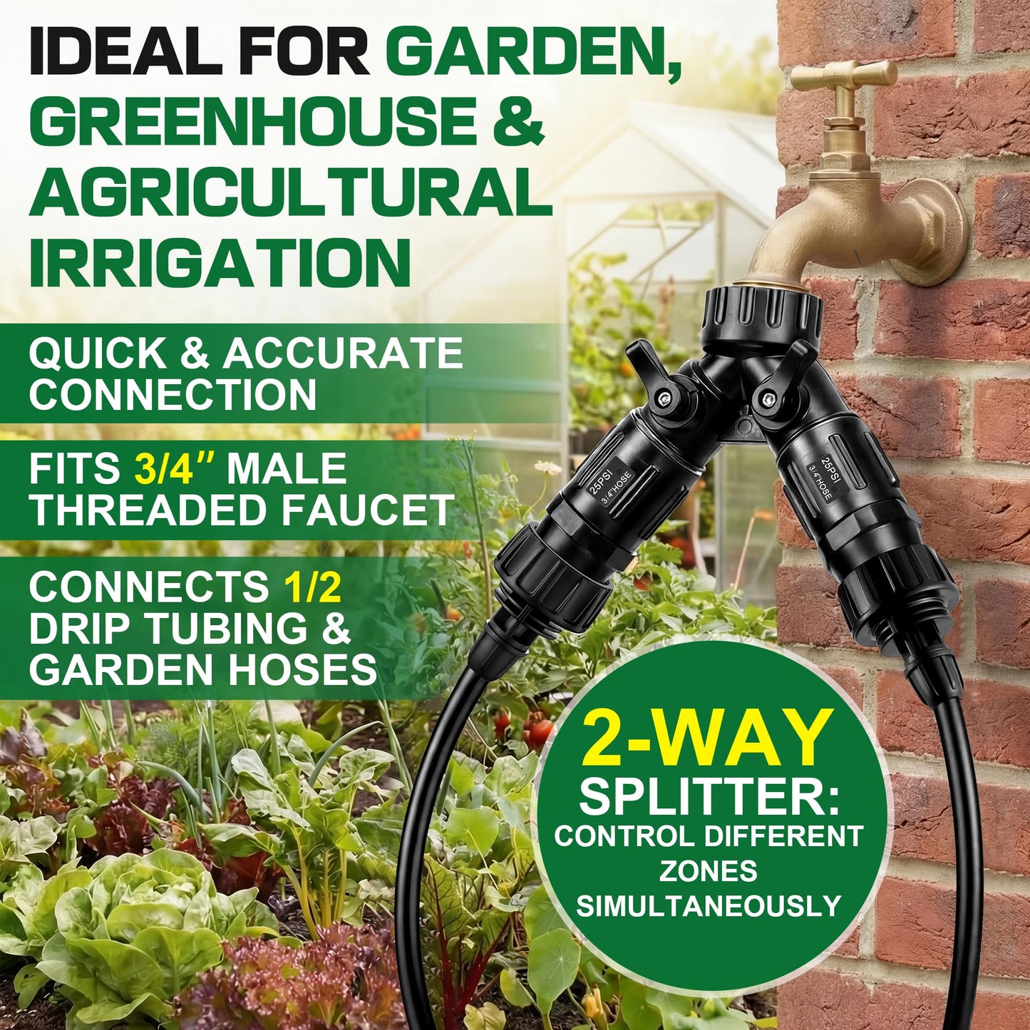 6 Pcs Drip Irrigation Kit, Included 2 Way Y Water Splitter Connector, 2 Pcs 25 PSI Garden Hose Pressure Regulator and 2 Pc 1/4 Inch Irrigation Tubing Hose Adapter for Drip Irrigate System