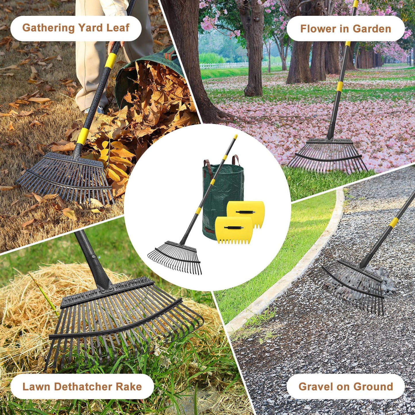 Leaf Rake 18” Wide Heavy Duty Metal 25 Tines Garden Rake Set with 30-75” Adjustable Long Handle for Yard Grass Shrub Mulch Including 32Gallon Garden Bag Leaf Scoops