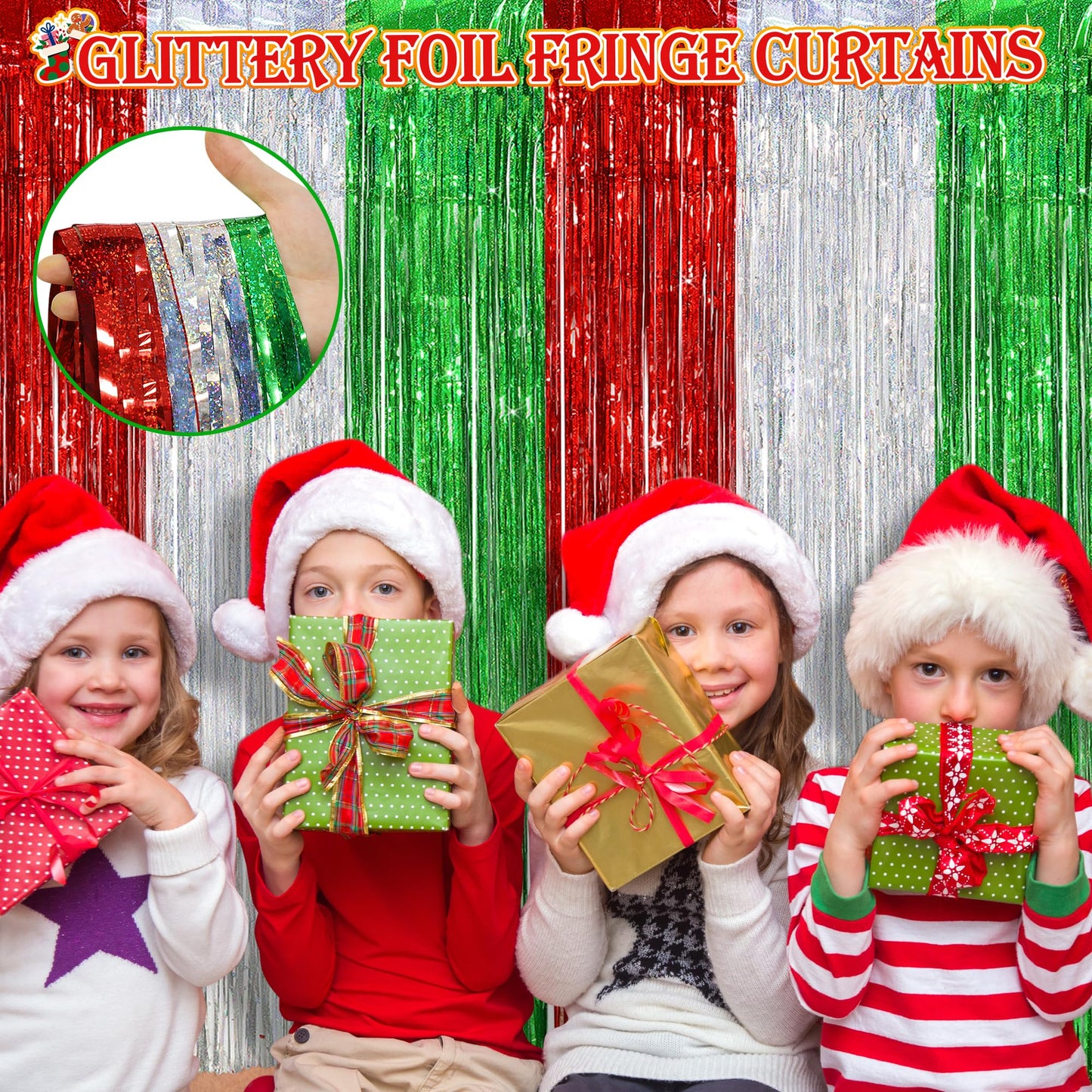 3 Pack Christmas Party Decorations Foil Fringe Curtains,3.3 X 6.6ft Red Silver Green Christmas Tinsel Metallic Backdrop Streamers Photobooth Props for Xmas Holidays Birthday Party Wall Decoration