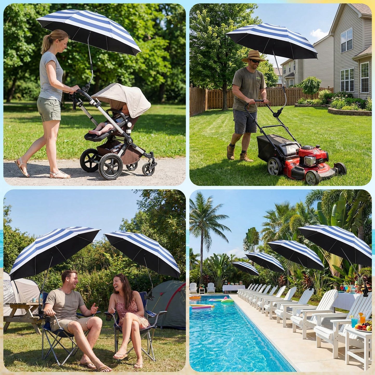 Breathffy 2 Pcs Beach Umbrella with Clamp UV Protection 48 Inch Adjustable Umbrellas for Chair with 360° Universal Clamps for Beach Camping Stroller Wheelchair, Chair Not Included(Blue Stripes)