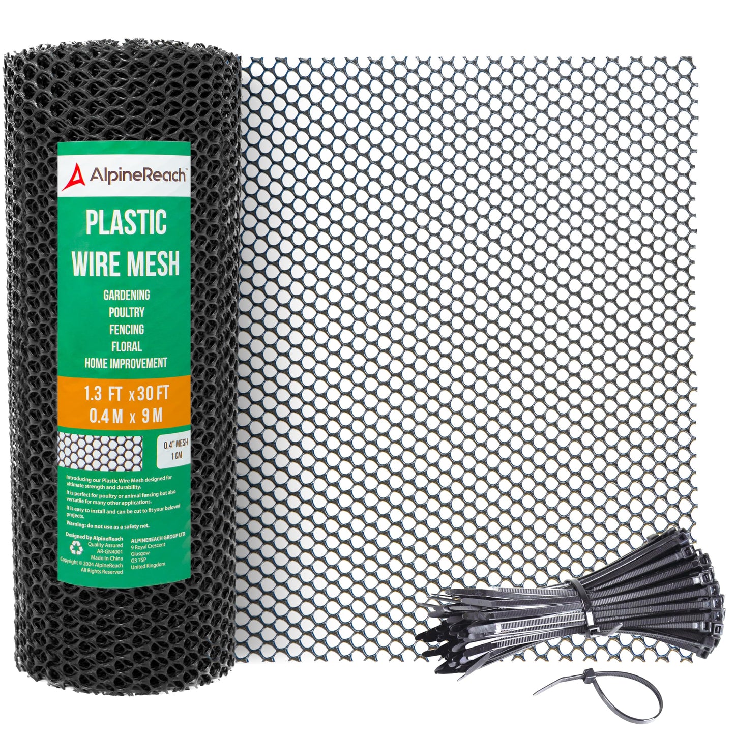 AlpineReach Plastic Wire Mesh 1.3ft x 30ft Fence Roll with Zip Ties - Ideal for Poultry, Dogs, Rabbit Barrier & Gardening, Durable Chicken Mesh, Versatile Rigid Fencing & Netting, Black (15.7" x 360")