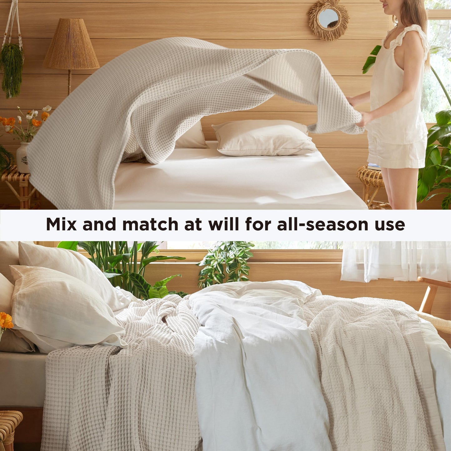 Bedsure 100% Cotton Blanket Queen Size for Spring Summer, Waffle Weave Thin Lightweight Breathable Blanket for Bed, Cotton Bedding Room Decor Gifts for Women, Men, Linen, 90" x 90"