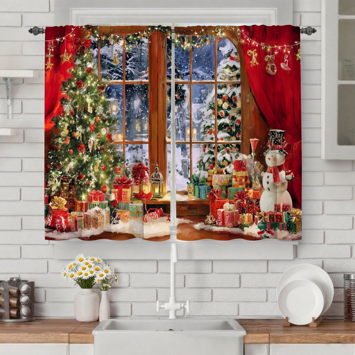 Worltoldb Christmas Night Kitchen Curtains Cafe Curtains for Bathroom Dining Room Living Room Pocket Window Drapes 2 Panels Set 28"x36"