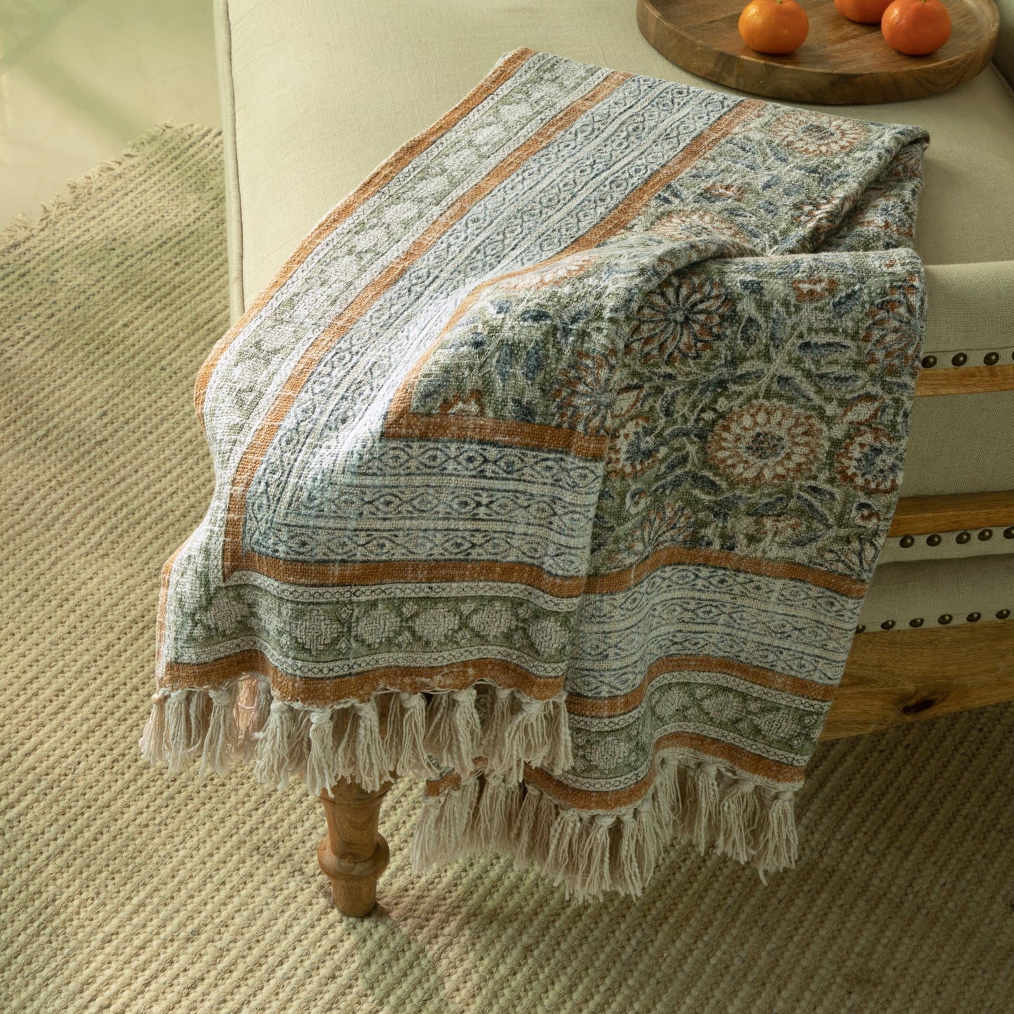 HOME WIBE 100% Pure Cotton Handblock Printed Throw Blanket, Soft 50" x 60" Fringed Floral Print Throw for Couch, Sofa, Chair, Bed - Cozy, Machine Washable, Comfortable Home Decor