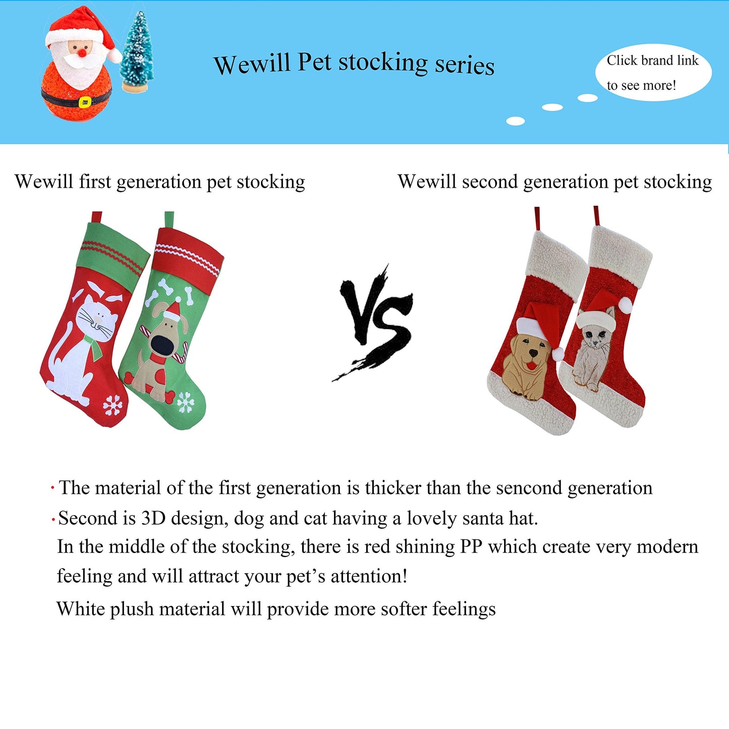 WEWILL Lovely Embroidered Dog Christmas Puppy Stockings Ideal Xmas Holiday Party Gifts for Puppies Pet 16-Inch Long