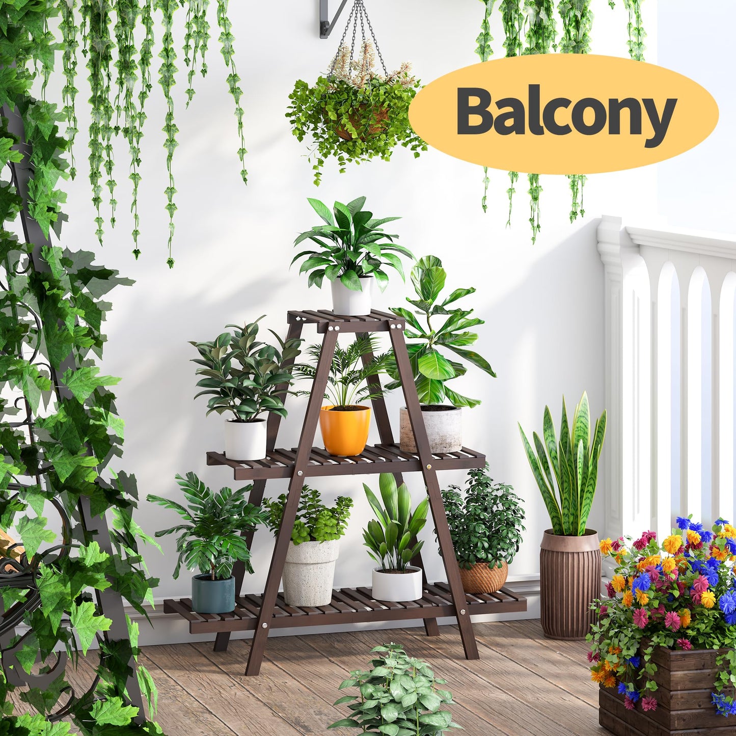 Furshus Plant Stand Indoor, Outdoor bamboo Plant Rack for Multiple Plants, 3 Tier 8 Potted Flower Holder Ladder,Plant Shelf Ladder Table Plant Pot Stand for Living Room, Patio, Balcony (Brown)