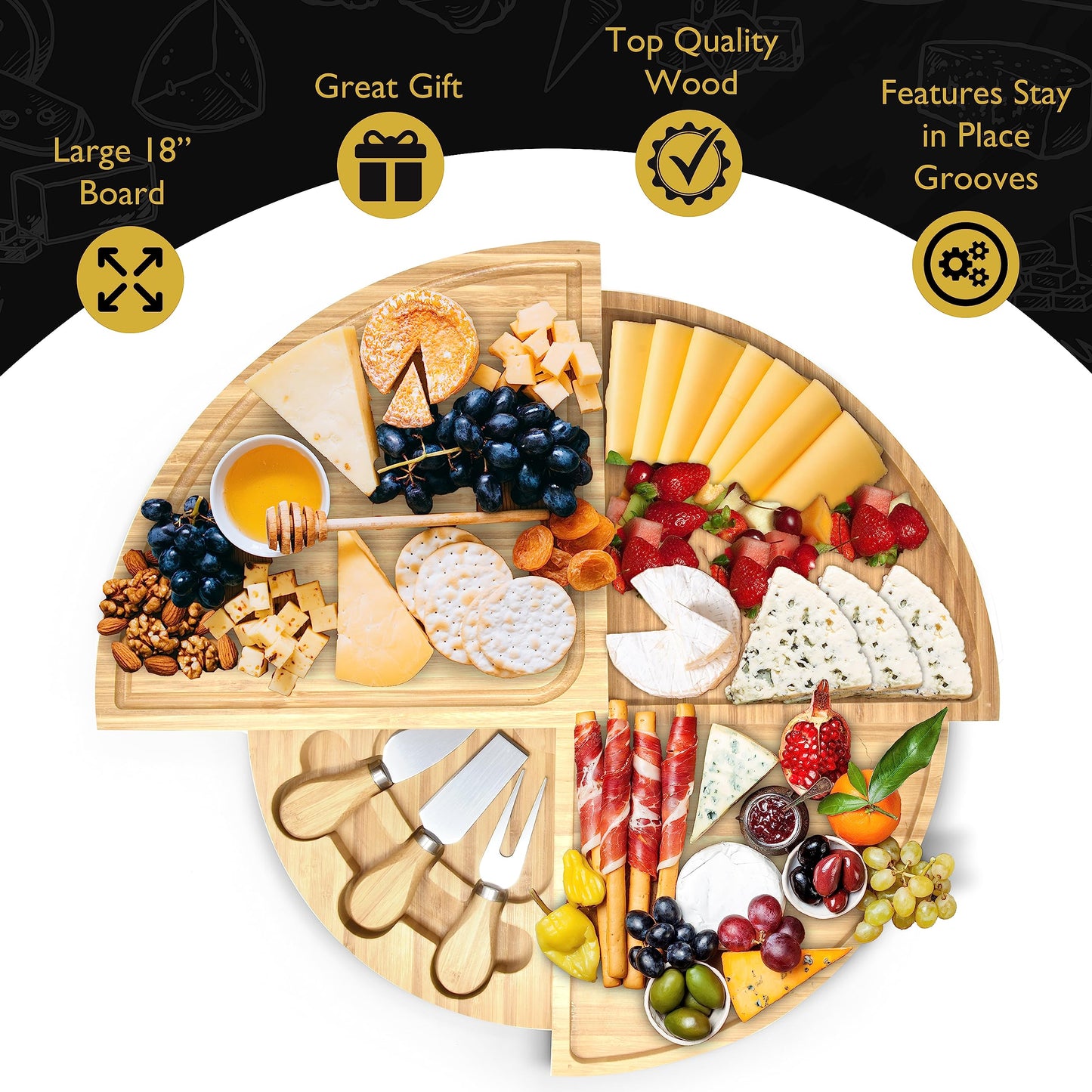 Perlli Bamboo Cheese Board & Knife Set, Large Folding 18 Inch Round Wood Rotating Charcuterie Board Set Cheese Meat Wine Serving Tray Platter, Home Decor