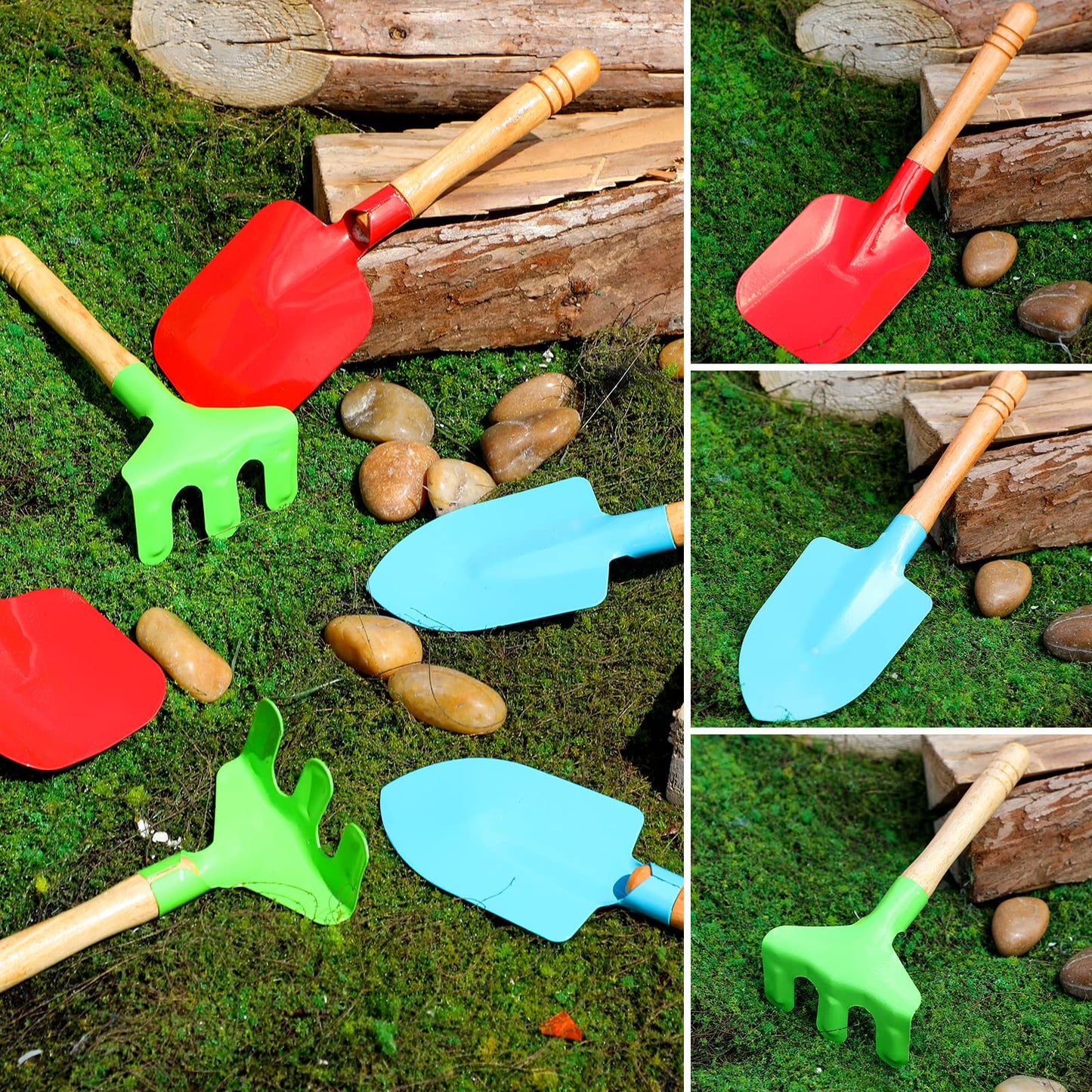 Liliful 40 Pcs Kids Gardening Tools Set Garden Rake Garden Shovel Gardener Trowel Green Tote Bags Metal Mini Gardening Tools with Wooden Handle Beach Sandbox Toy for Planting Loosening Digging