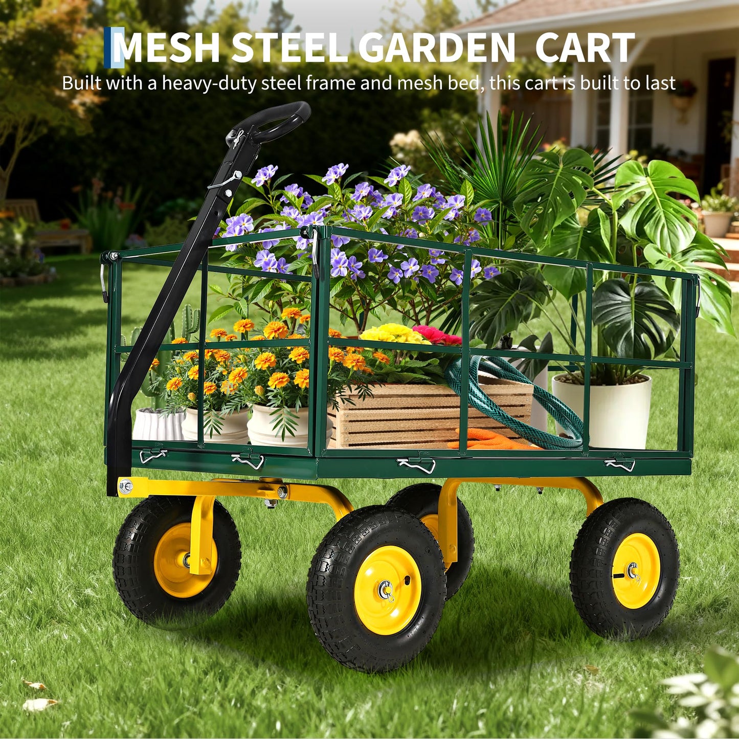 Heavy Duty 1500 Lbs Capacity Mesh Steel Garden Cart Folding Utility Wagon with Removable Sides, Garden Cart on Wheels for Gardening Soil, Tools, and Plant Transport