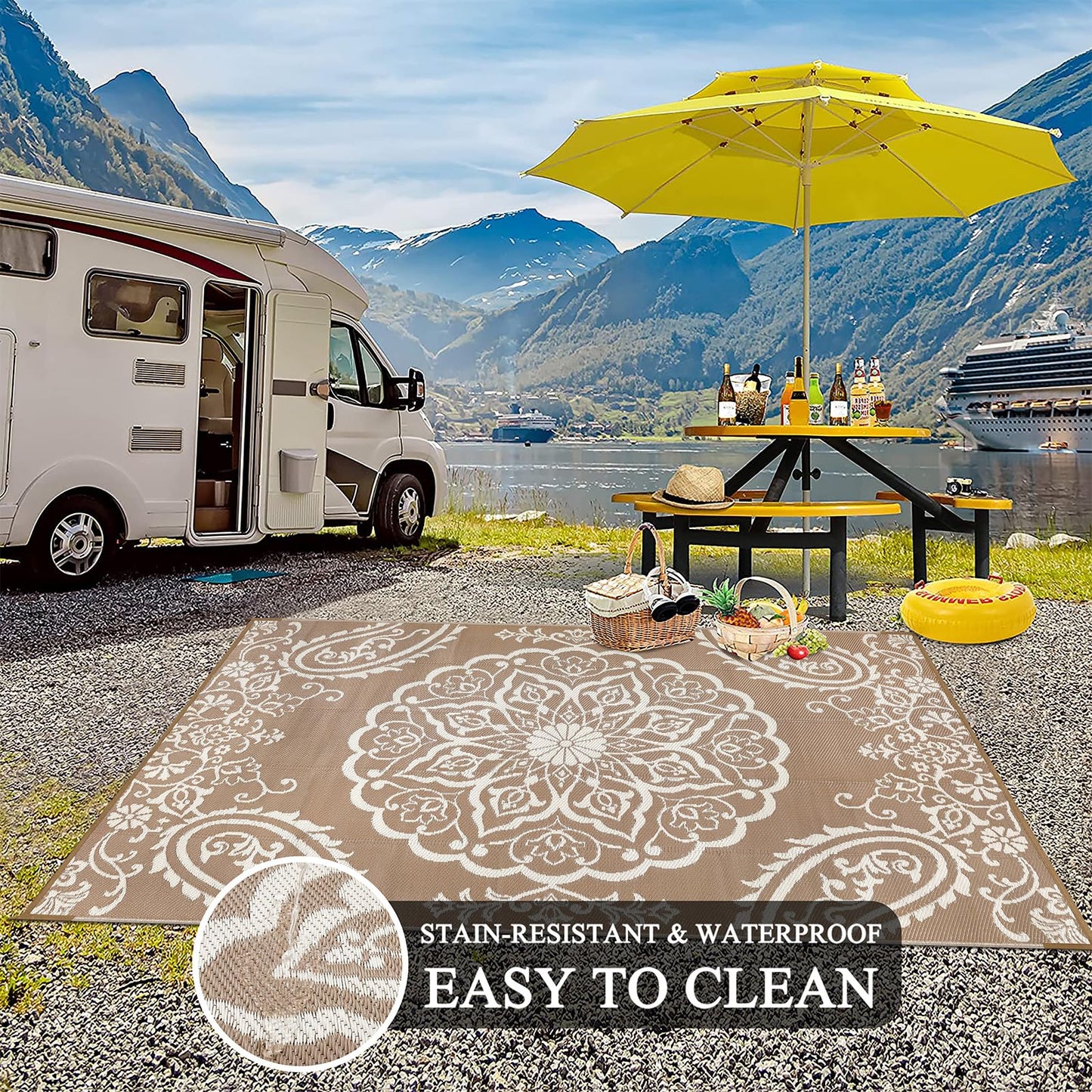 Pauwer Waterproof Outdoor Rug 5x8, Reversible Plastic Straw Patio Camping Rug, Indoor Outdoor RV Mat Carpet for Deck, Camper, Porch, Balcony, Backyard, Picnic, Boho Brown