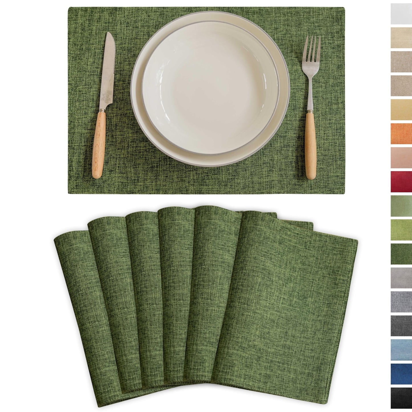 Demetex Green Placemats Set of 6 Vintage Cloth Textured Place Mats Stain Resistant for Holiday Barbecue and Dinning Table, Green