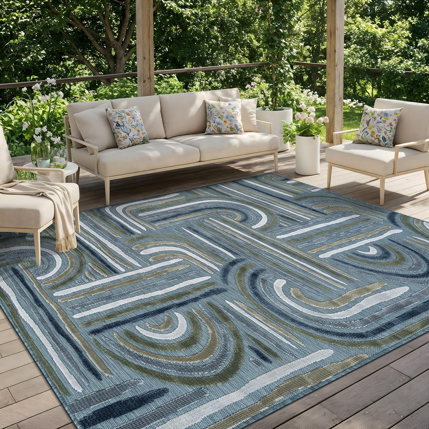 CAMILSON Indoor Outdoor Rug, Aqua 8x10 Geometric Arch Striped Area Rugs for Patio and Home Areas, Easy-Cleaning Non-Shedding Living Room, Garden and Deck Washable Outside Carpet (8 x 10)