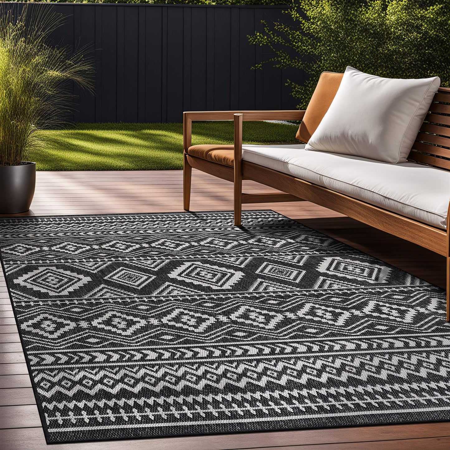 Beverly Rug Waikiki Boho Indoor Outdoor Rug 5x7, Washable Outside Carpet for Patio, Deck, Porch, Bohemian Area Rug, Farmhouse Rugs, Aztec Tribal Rug, Black and White