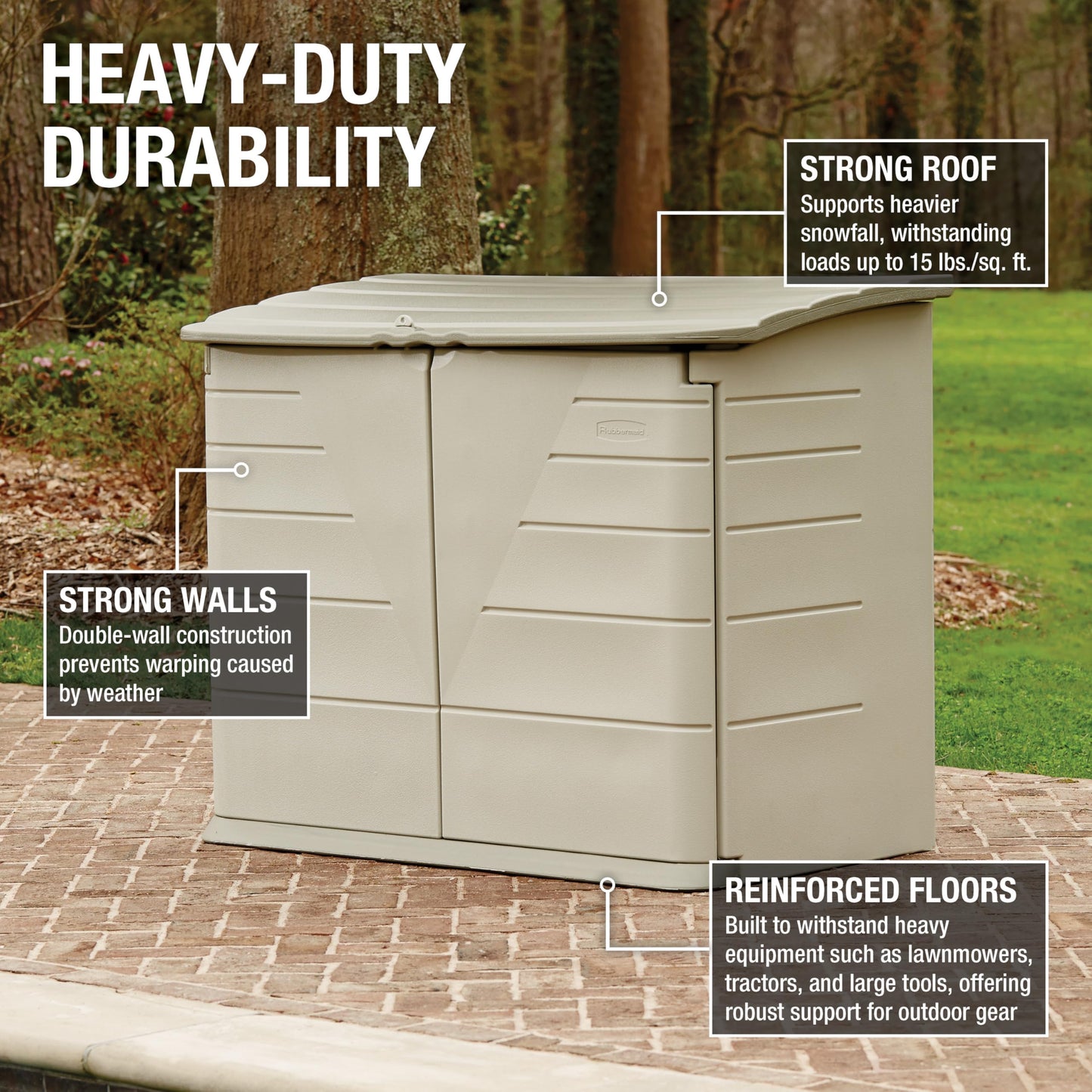 Rubbermaid Large Horizontal Resin Outdoor Storage Shed With Floor (5 x 4 Ft) Weather Resistant, Beige/Brown, Organization for Home/Backyard/Pool Chemicals/Toys/Garden Tools/Porch/Patio Cushions