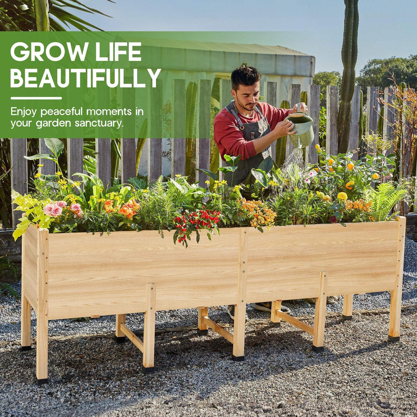 SPECRAFT 7x2 Ft Raised Garden Bed, Featuring Legs, Drainage Holes, Ideal for Vegetables, Flowers, Elevated Wood Planter Box for Balcony, Patio, and Backyard, Easy Assembly