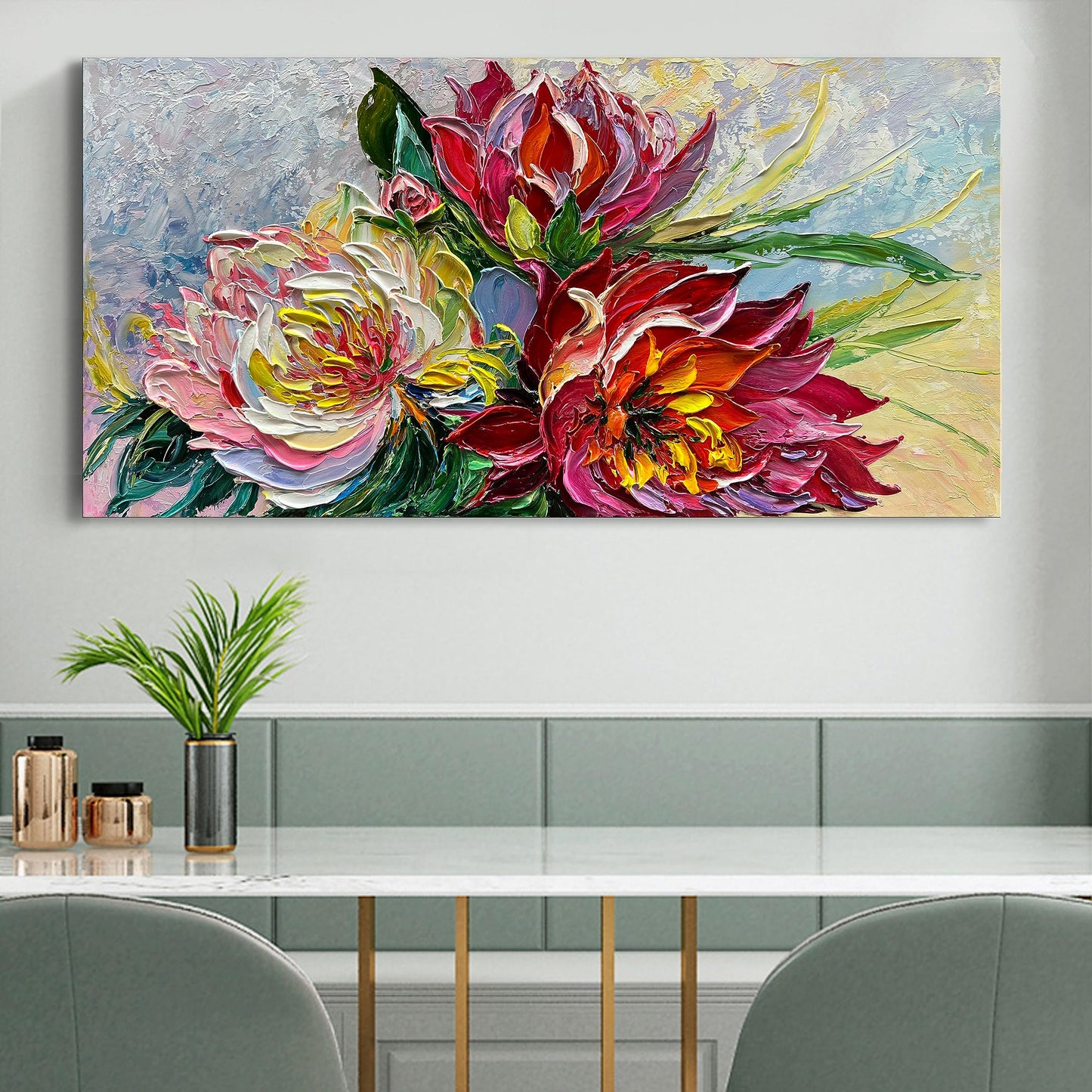 Limiyer Art Hand Painted red Flowers Art Oil Painting 24x48 Thick Texture Abstract Wall Decorative Art Oil Painting