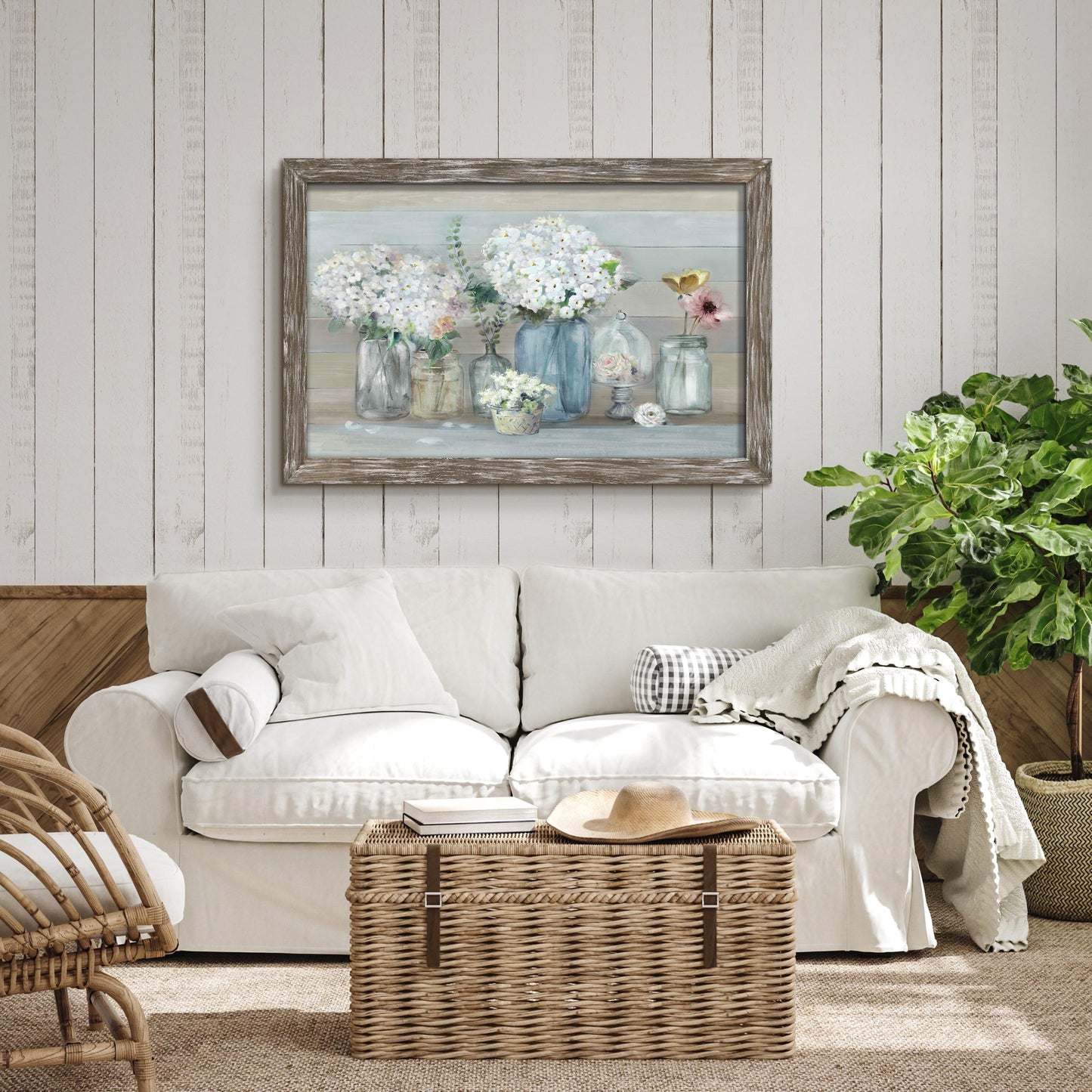 Framed Wooden Flowers Wall Art: Large Florals Vase Picture Botanical Plants Artwork for Living Room