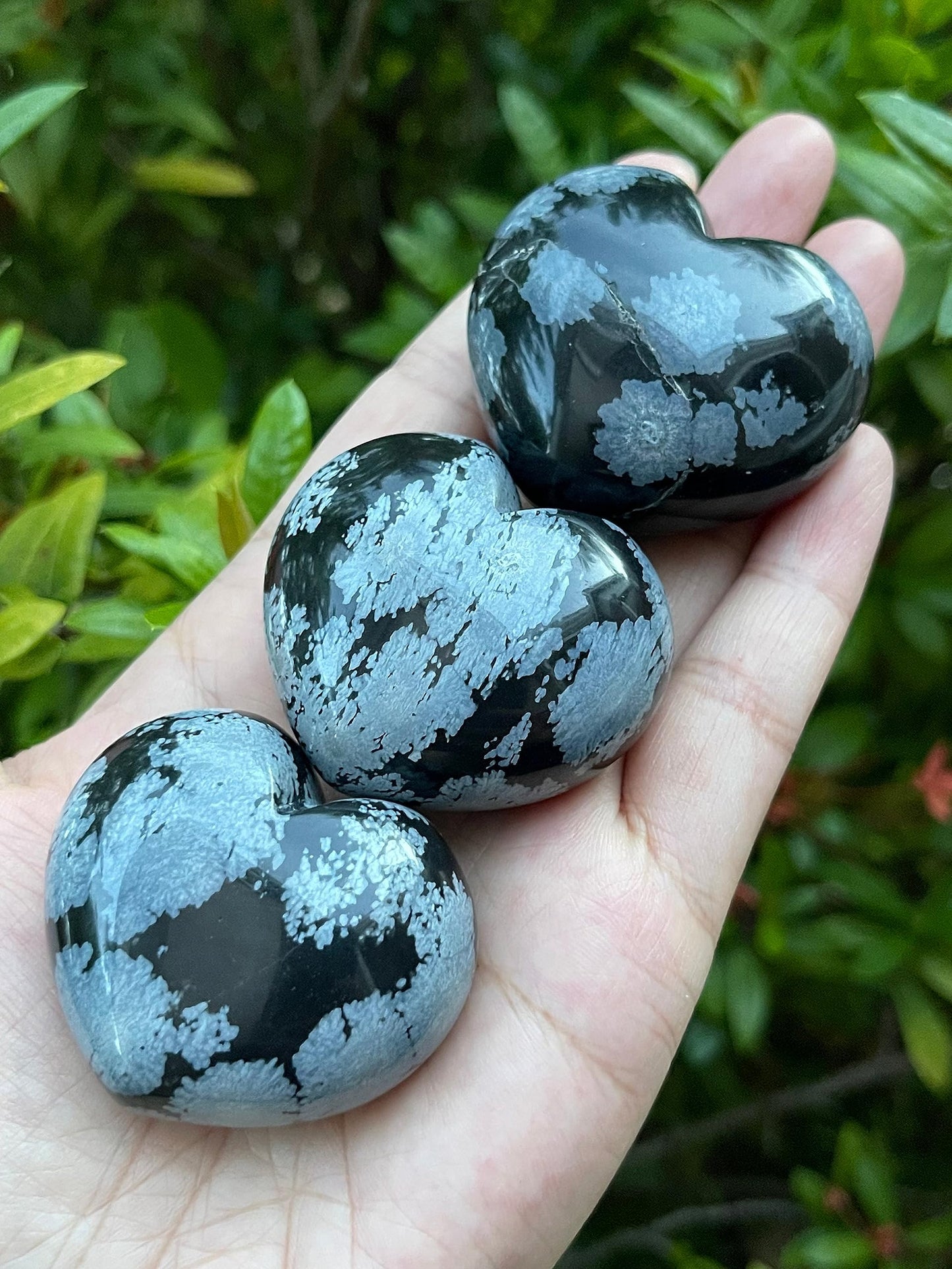 GAF TREASURES Snowflake Obsidian Gemstone Hearts, Polished Snowflake Obsidian Puffy Hearts, Snowflake Obsidian Crystal Palm Stone, Snowflake Obsidian Healing Crystal Hearts (1 Heart)