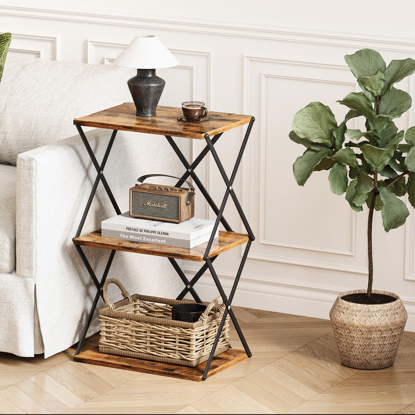 IRCPEN 3-Tier End Table Small Side Table Tall Bedside Night Stand with Storage Sofa Side desks for Living Room Bedroom Office Bathroom Small Space Rustic Brown ET-03RB