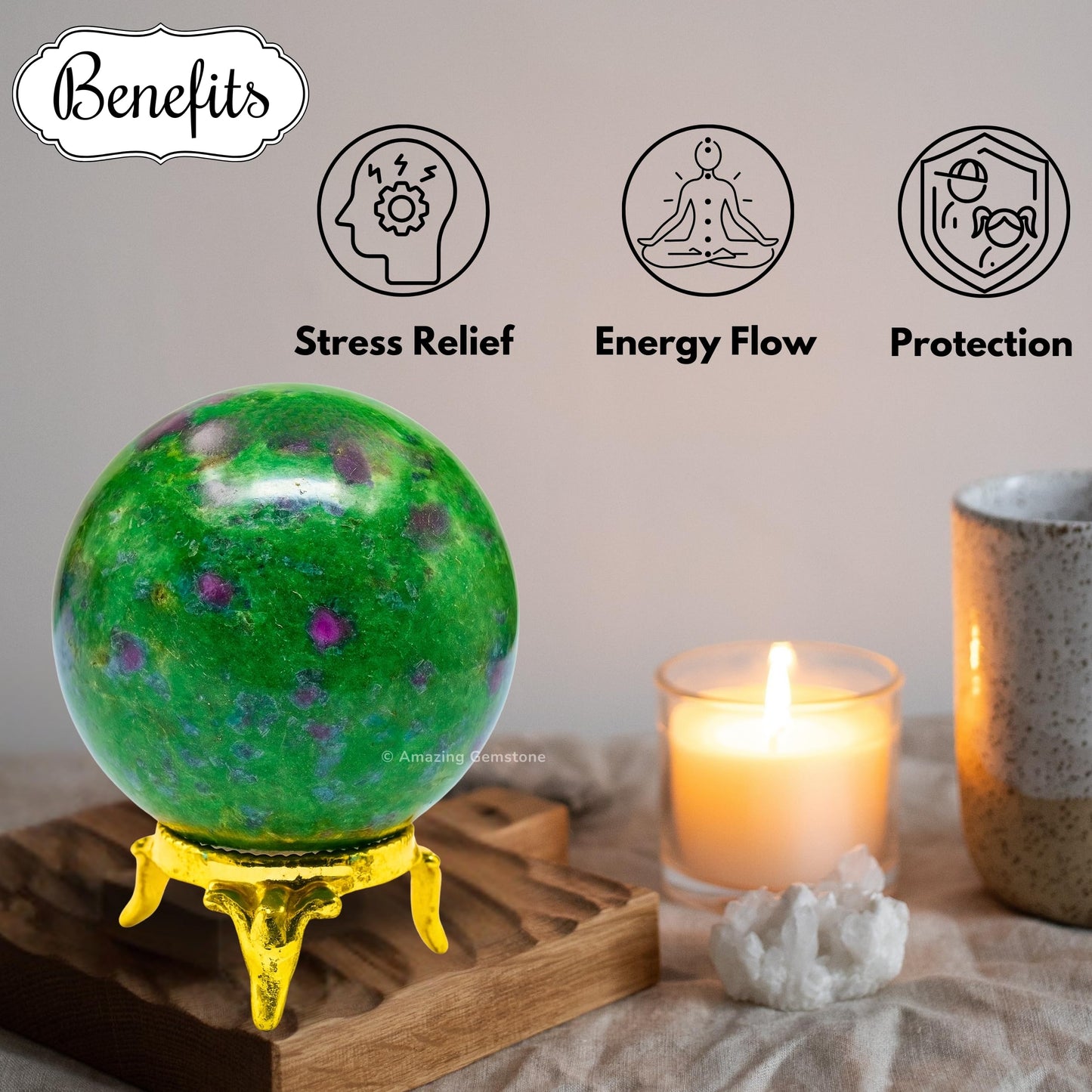 Amazing Gemstone Ruby Zoisite Crystal Ball with Stand - 2 Inches Crystal Sphere Meditation Balls for Witchcraft and Decorative Balls
