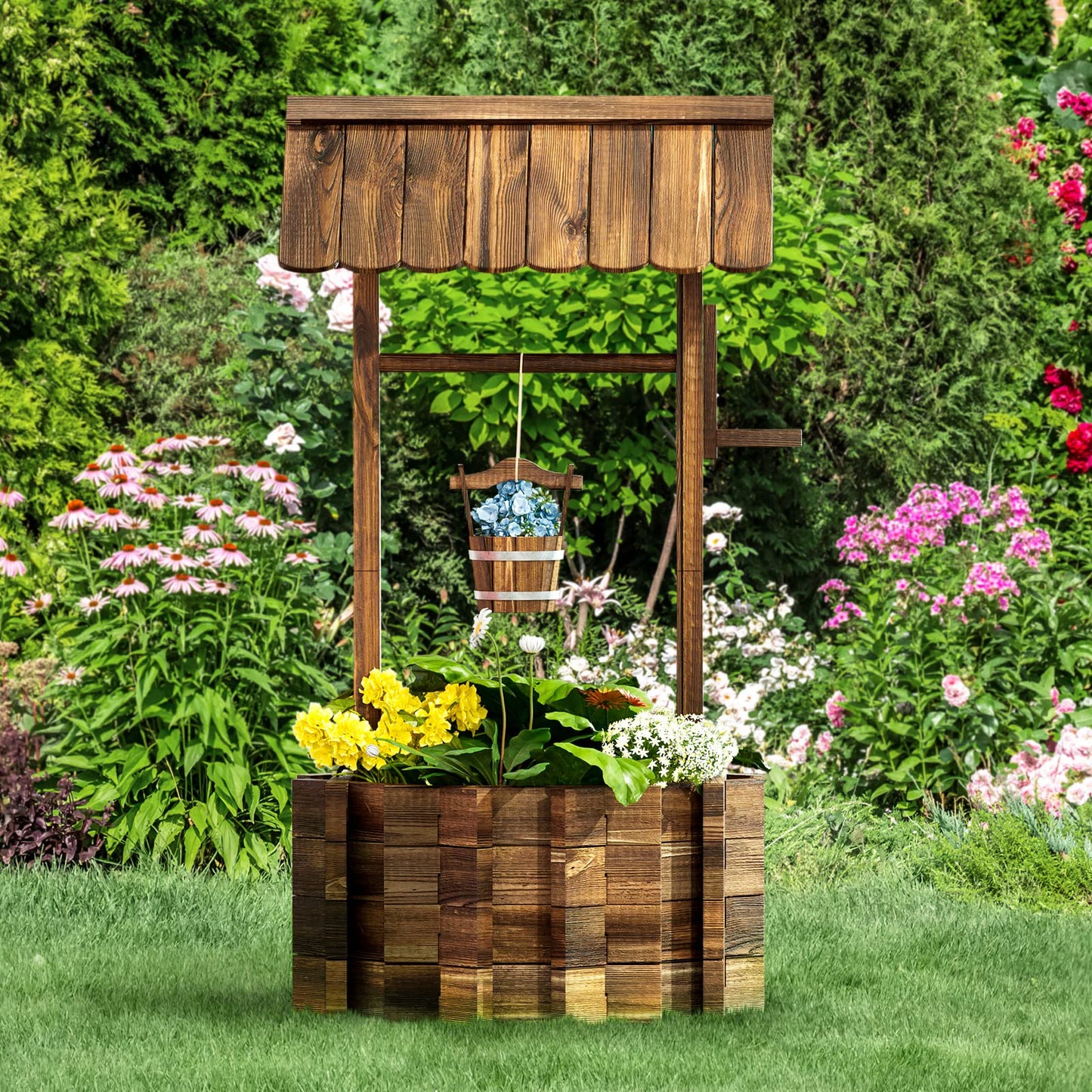 Aoxun Wooden Wishing Well Planters with Hanging Bucket, Garden Helper, Rustic Garden Decor for Outside, Yard, and Patio, Upgrade Reinforced Base, Brown