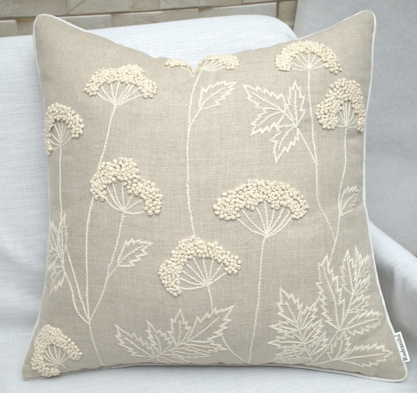 Rudransha Hand Embroidered Wildflower Throw Pillow Cover - 20x20 Inch Natural Linen - Blooming